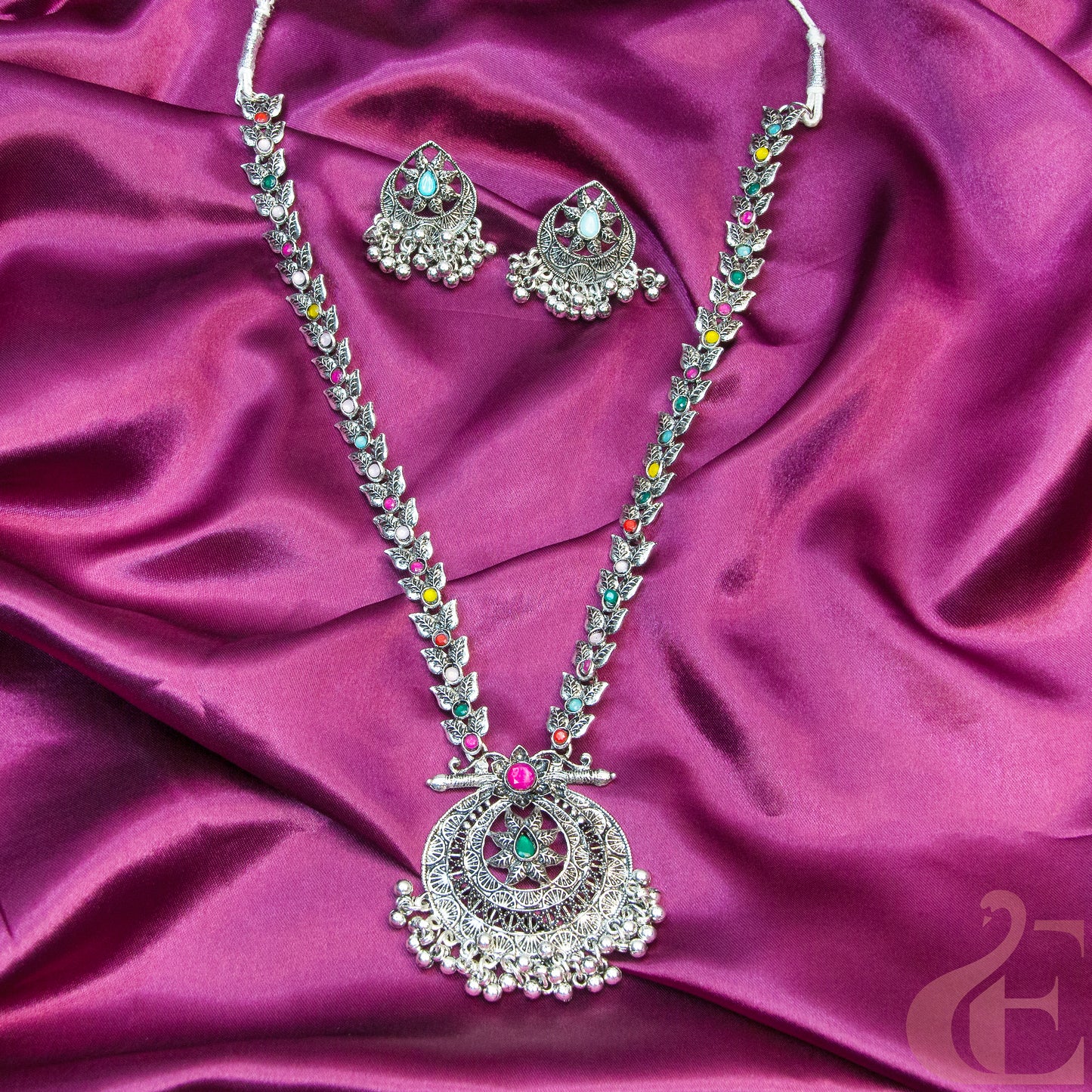 Oxidized Long Multi Colour Necklace & Earrings