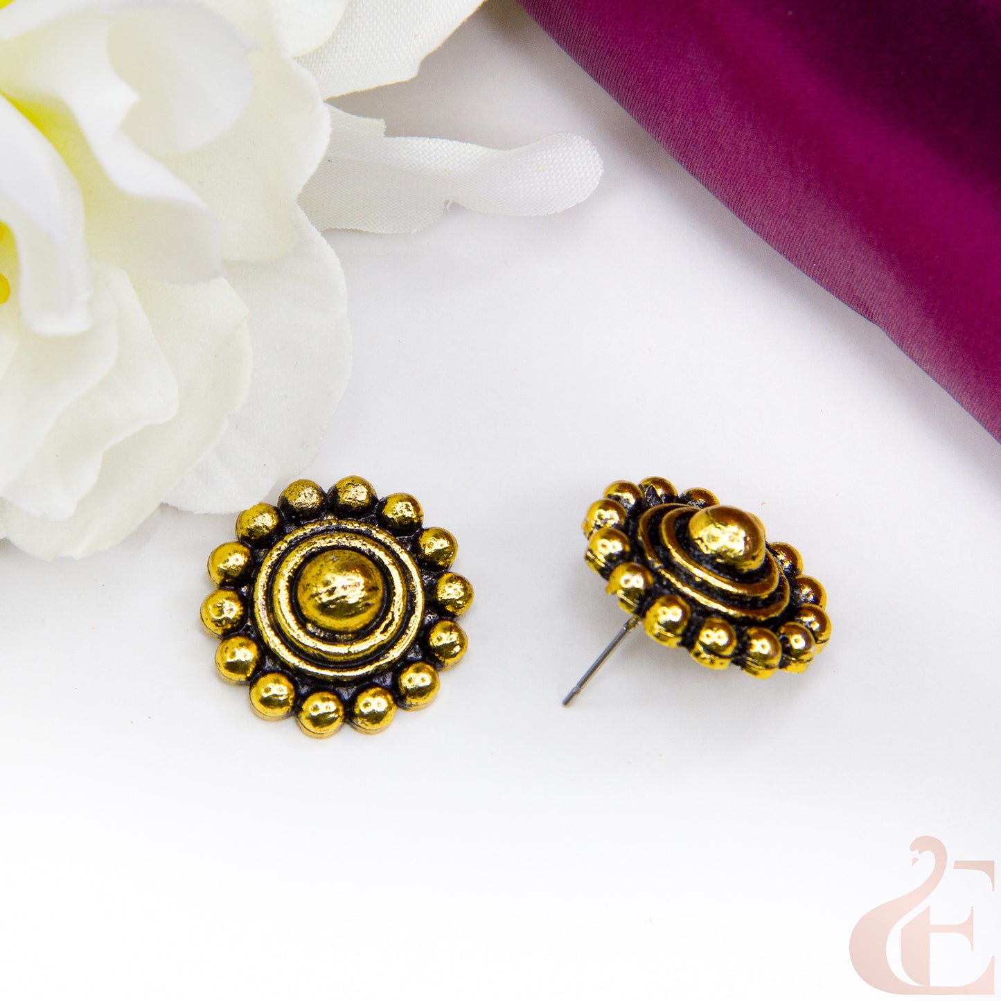 Oxidised Golden Black Round Ear Stud Earrings