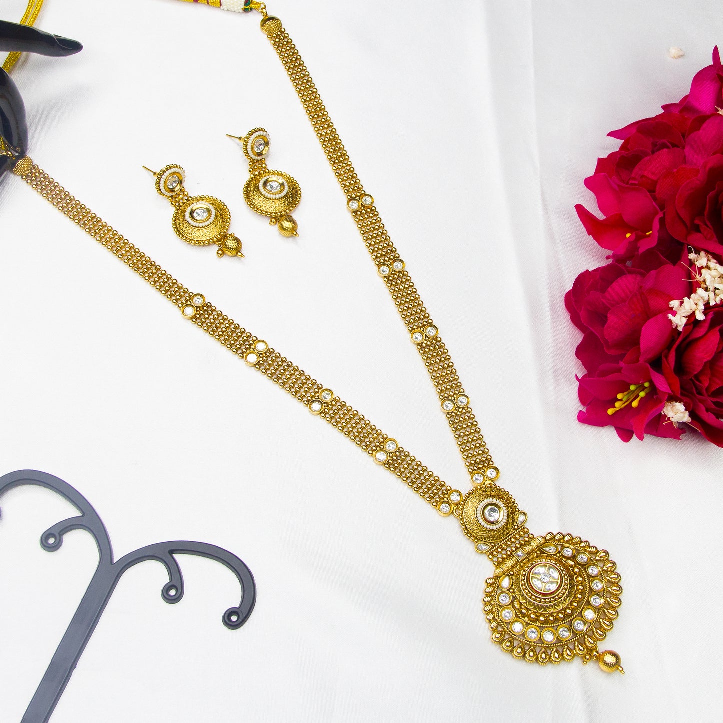 Top view of Kundan Stone Antique Long Necklace & Earrings , White Stones