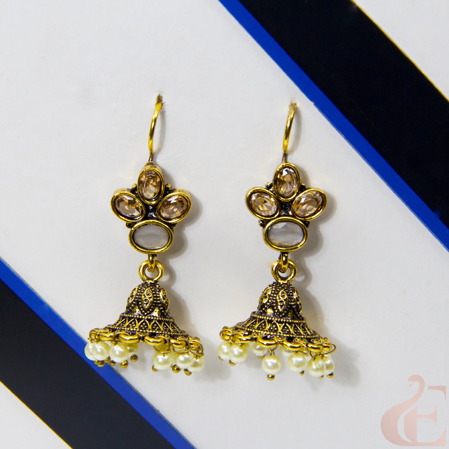 Front view of Mehndi Polish hook model jhumka earrings Grey Stone 17