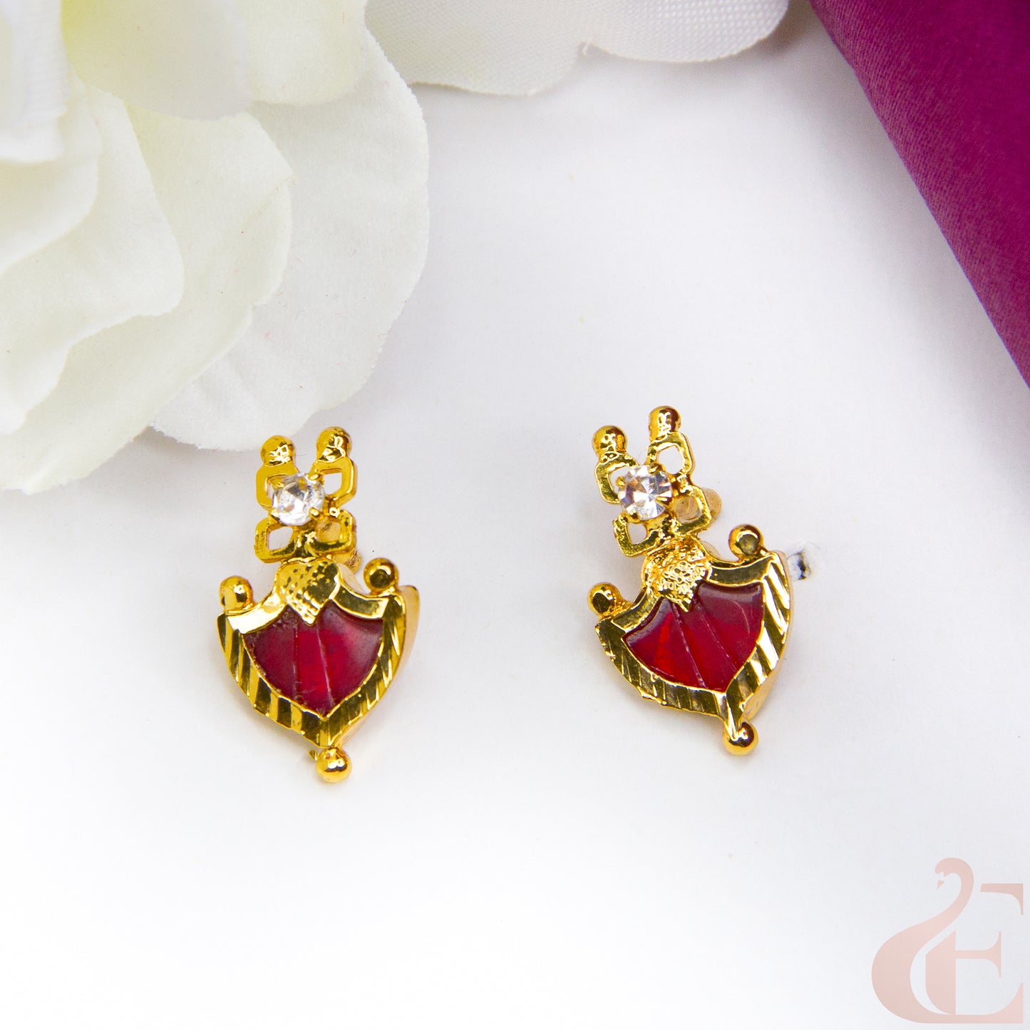 Top view of Micro Gold Plated Kerala Palakka Earrings Ruby & White stone