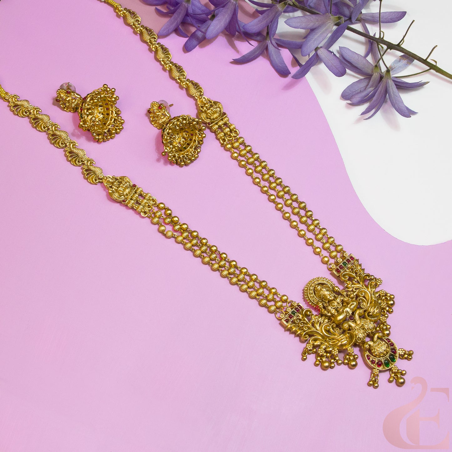 Gold Finish Pearl Long Temple Necklace & Jhumka 12