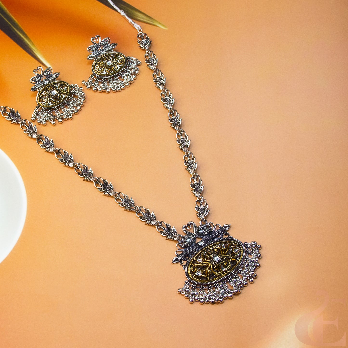 Top view of Oxidised Peacock Long Necklace & Earrings
