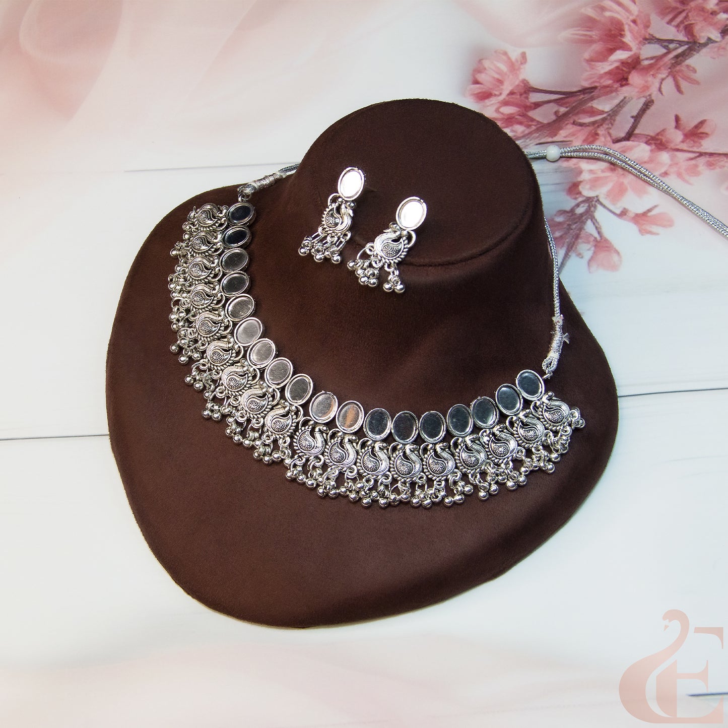 Top view of Oxidised Peacock Necklace & Earrings