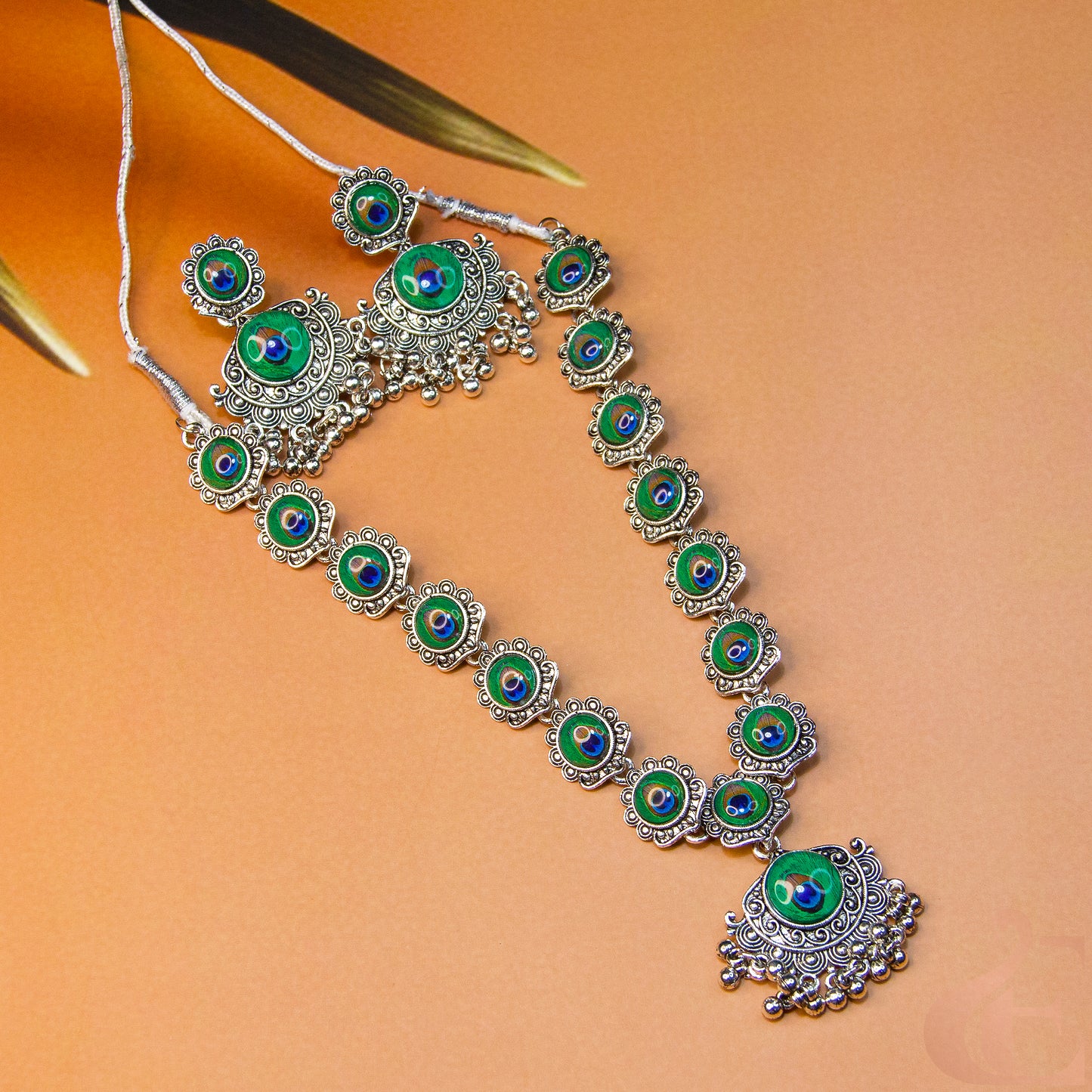 Top view of Oxidised Peacock Necklace with Earrings