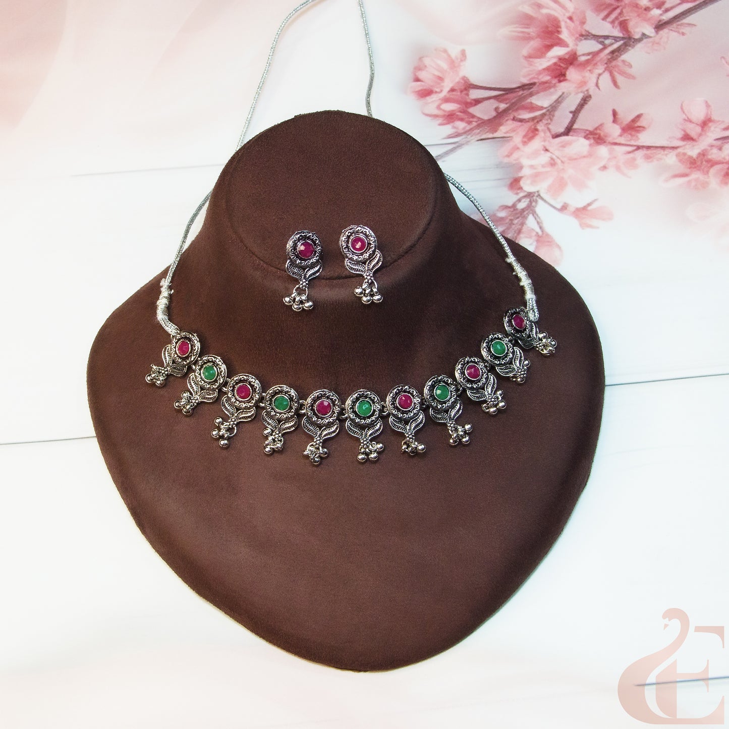 Top view of Oxidized Choker & Earrings Green Ruby stones