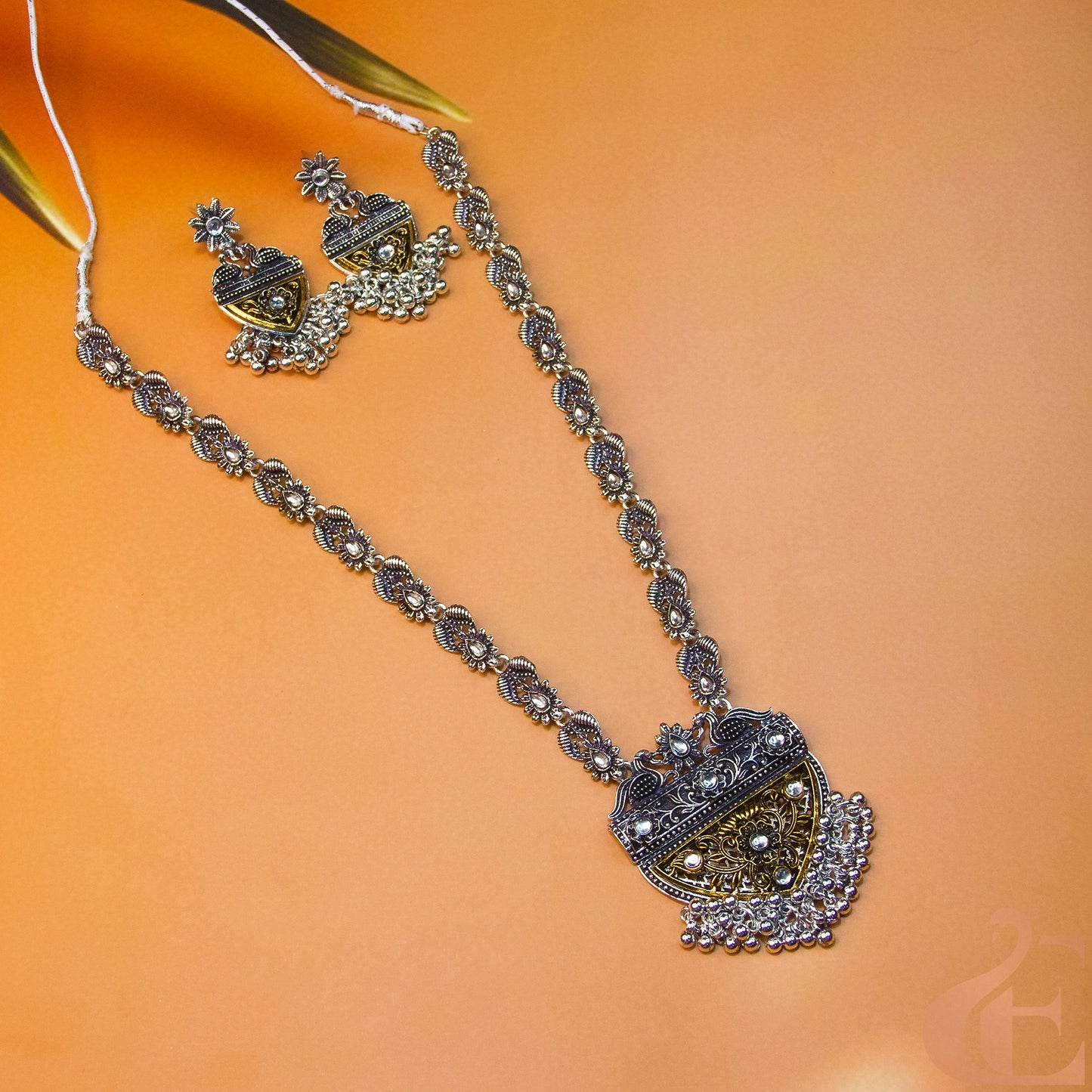 Top view of Oxidized Long Necklace & Long Earrings