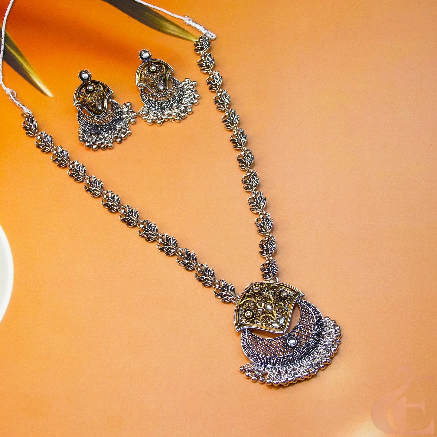Top view of Oxidized Long Necklace & Long Earrings