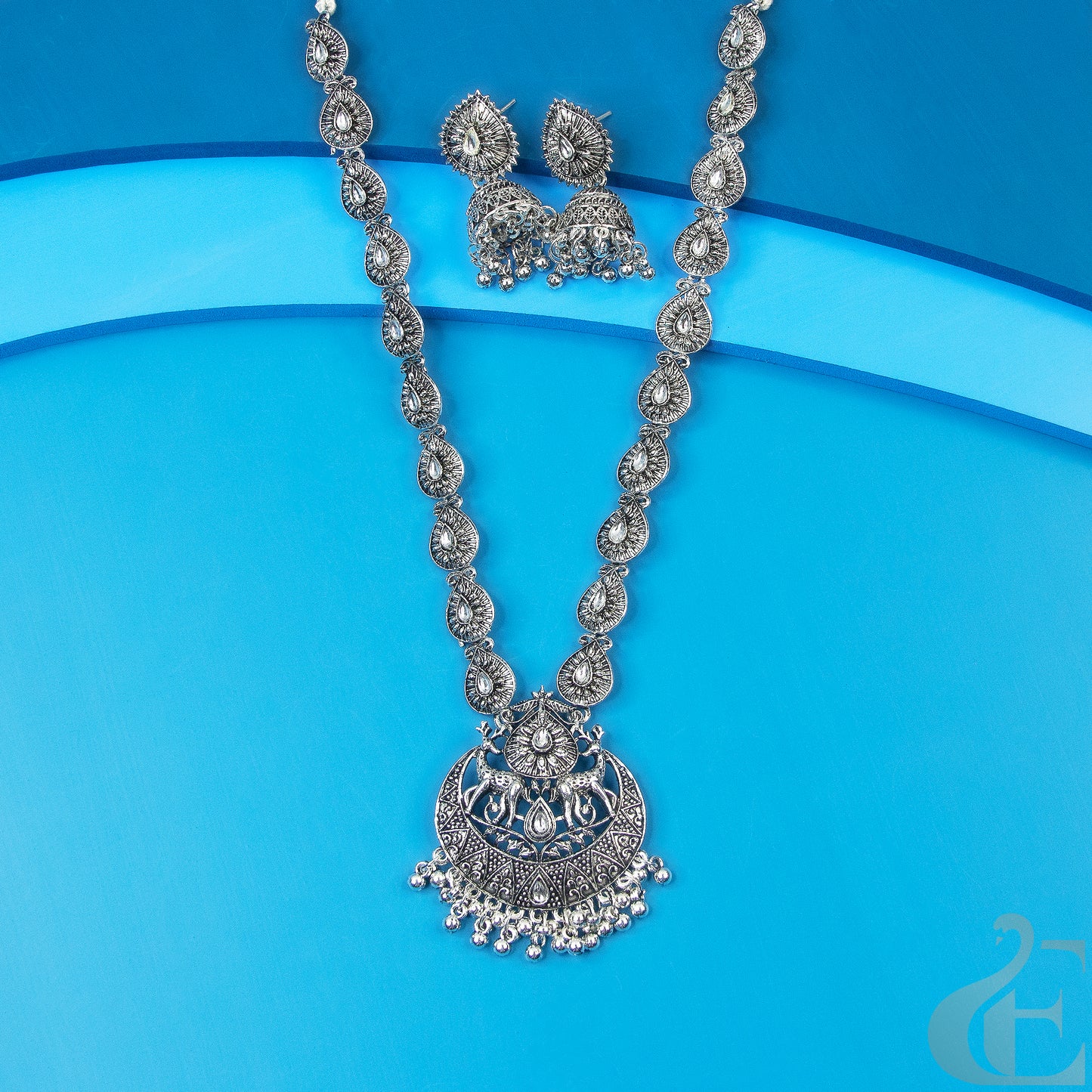 Top view of Oxidized Long Necklace With Jhumka , white stones