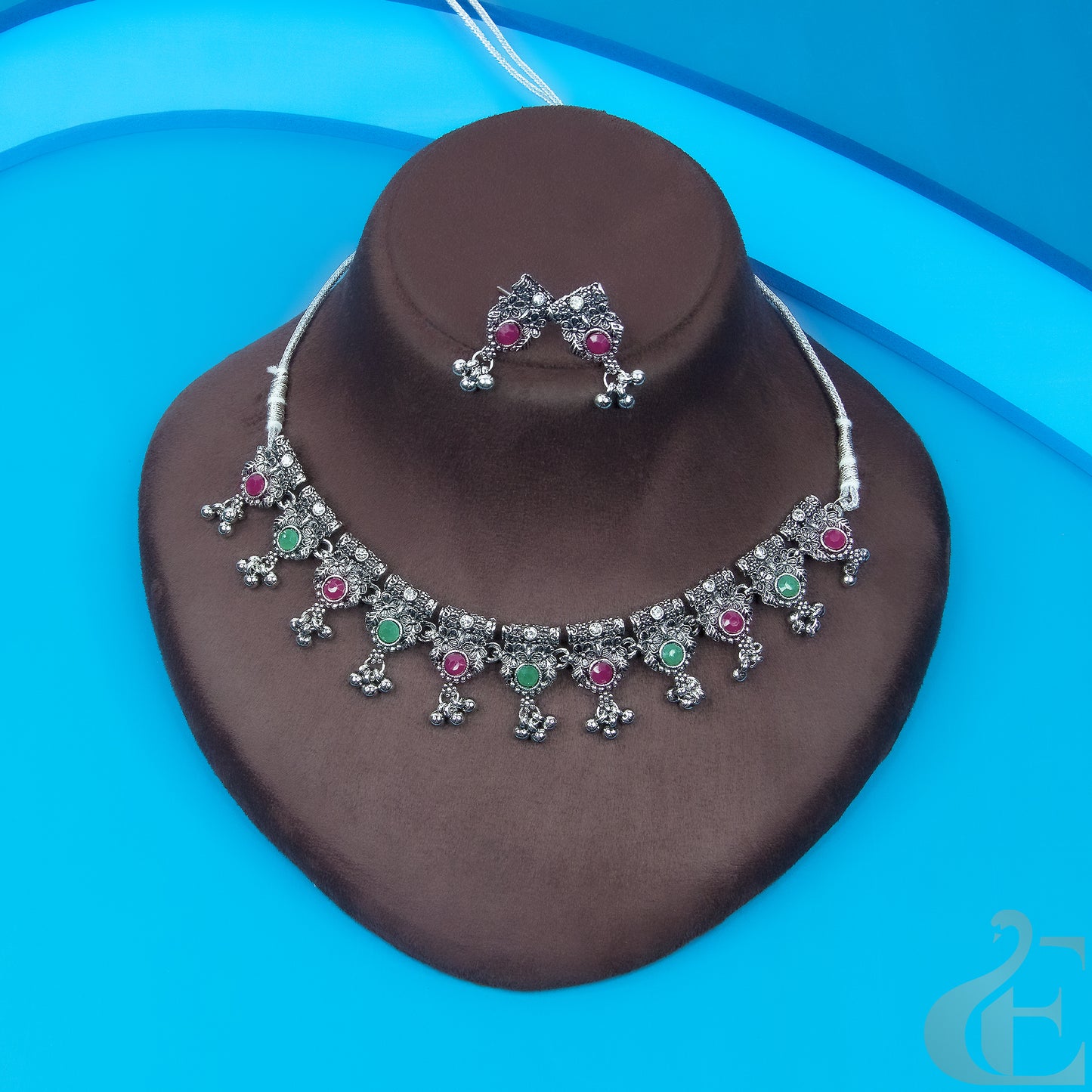 Top view of Oxidized Multi Color Necklace Set Ruby green stones