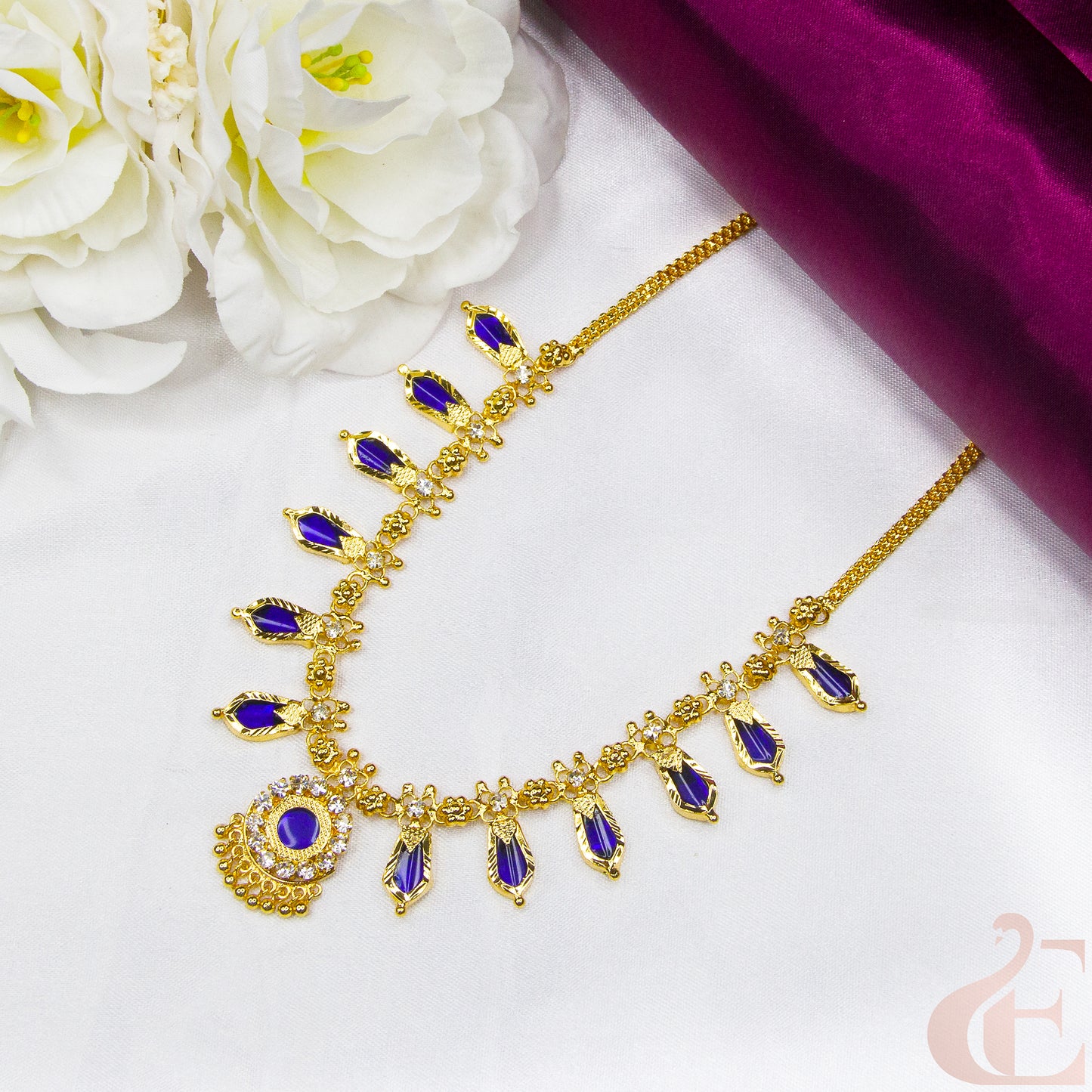 Top view of Palakka Necklace Nagapadam Design Blue Stones
