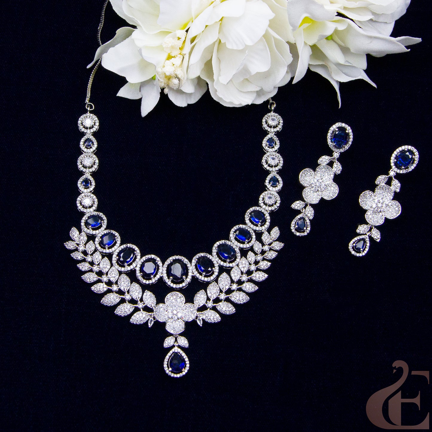Top view of Premium AD Double layer Necklace & Long Earrings Blue stones