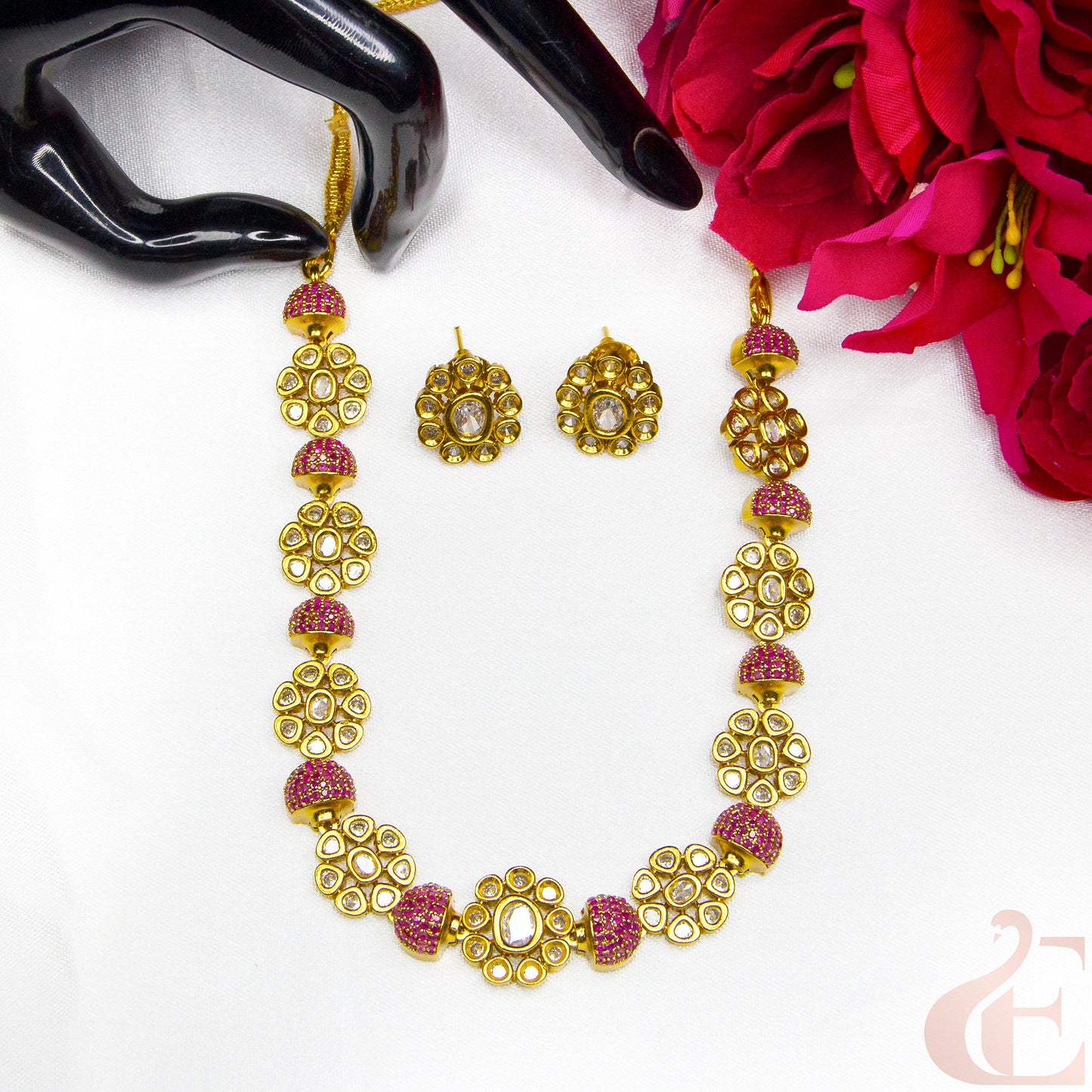 Top view of Premium AD Gold Finish Necklace & Earrings Ruby stones