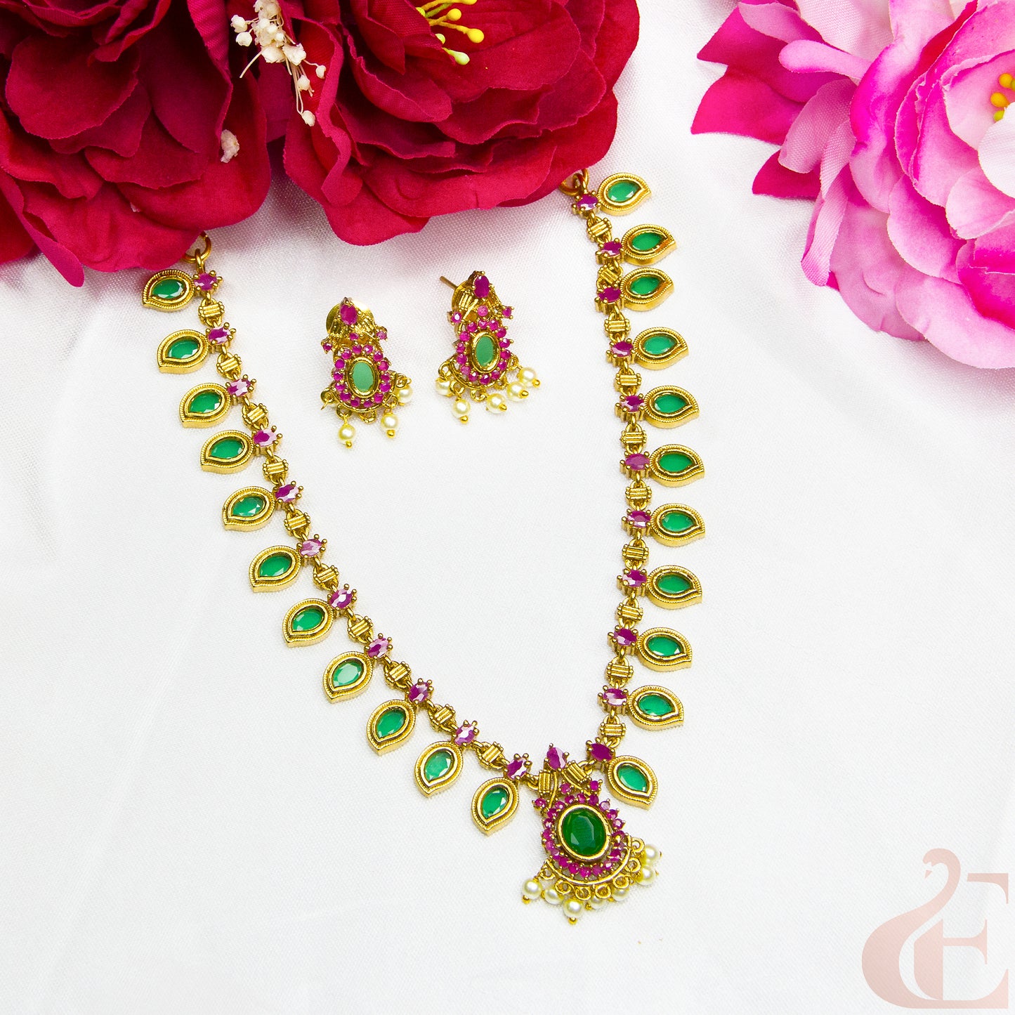 Top view of Premium AD Gold Plated Necklace & Earrings Green ruby stones