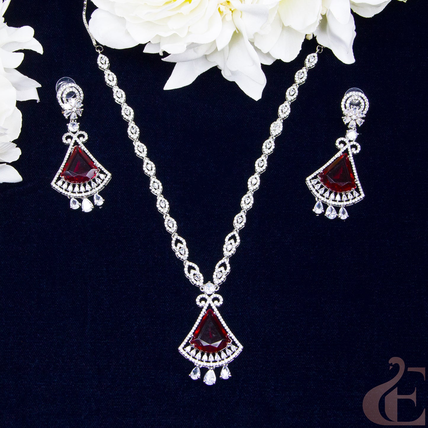 Top view of Premium AD Long Necklace & Earrings Ruby stones