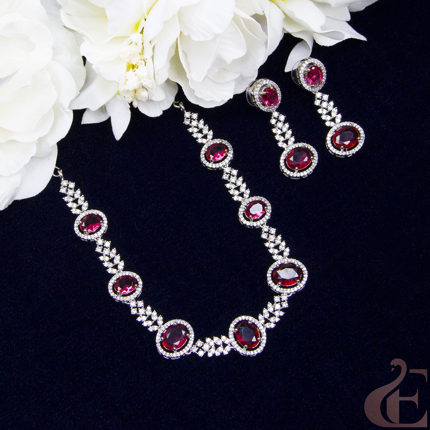 Top view of Premium AD Necklace & Earrings Ruby stones