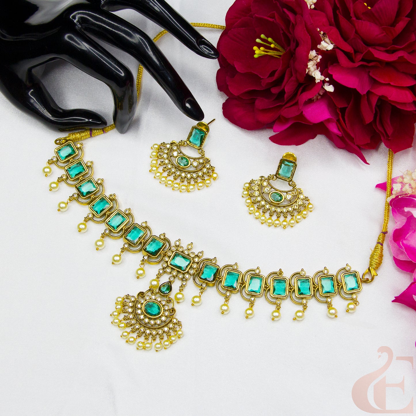 Top view of Premium AD Necklace & Earrings , Aqua green stones