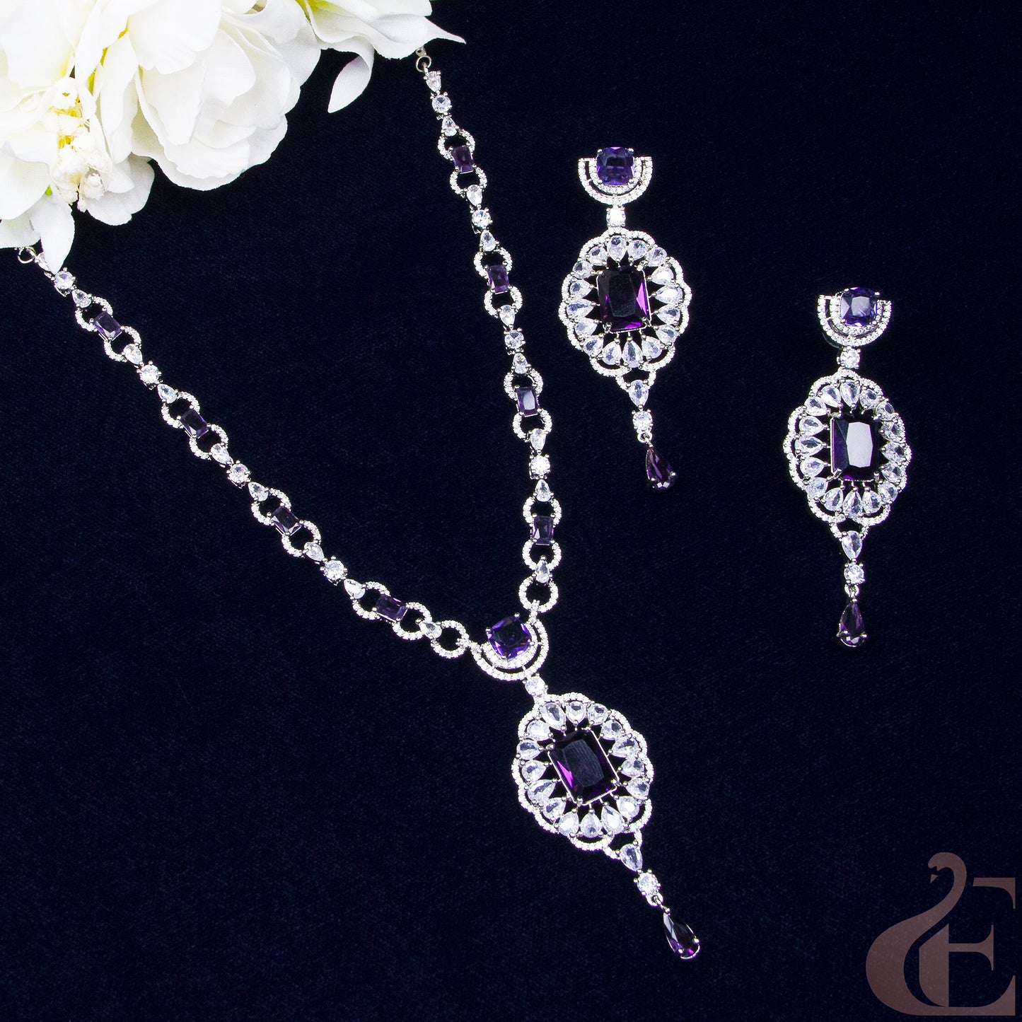 Top view of Premium AD Necklace & Earrings Purple stones