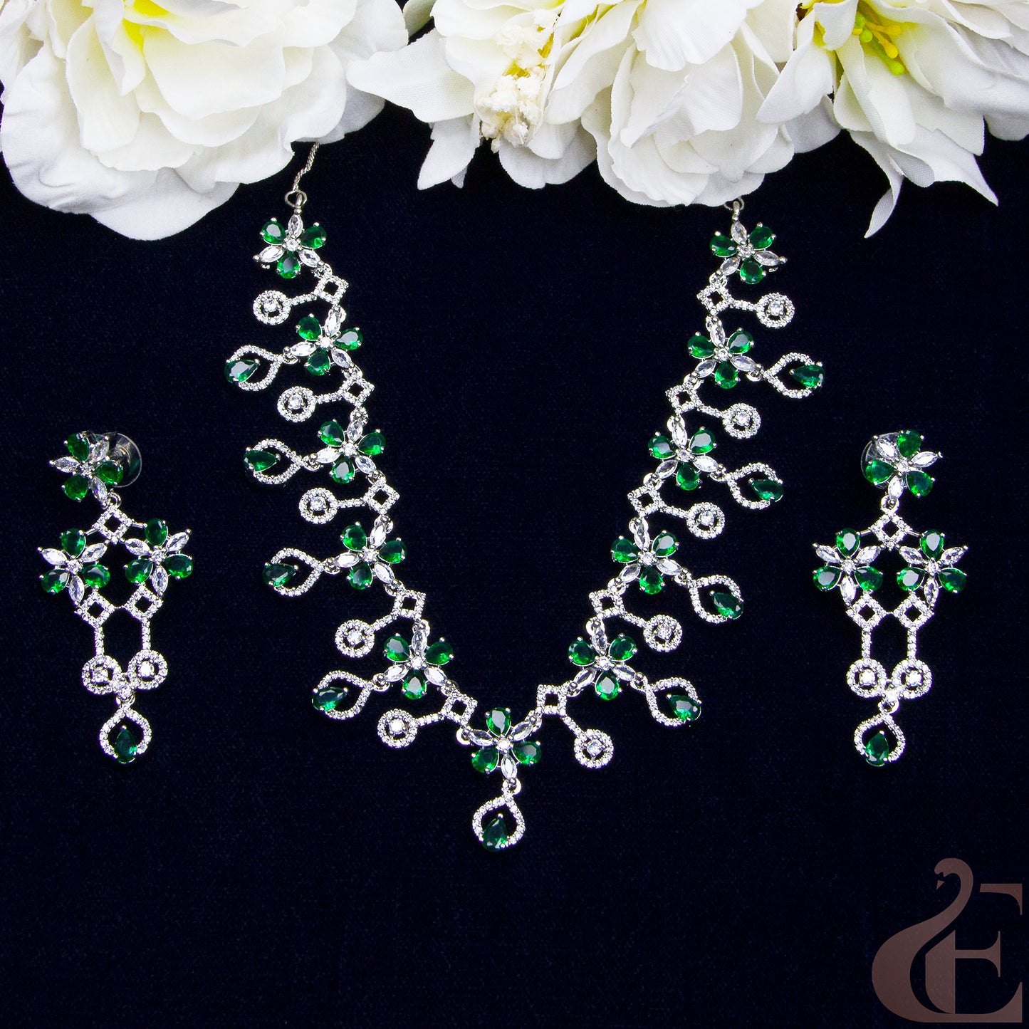 Top view of Premium AD Necklace & Earrings , Green stones