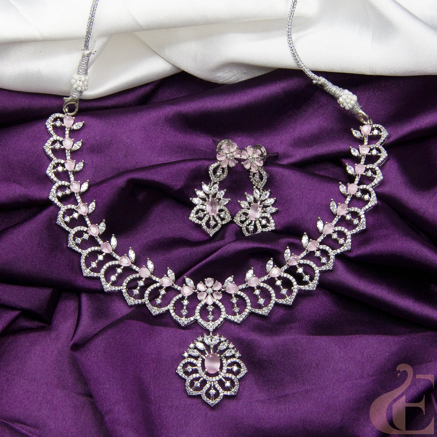 Top View of Premium AD Necklace & Earrings Pink Stone