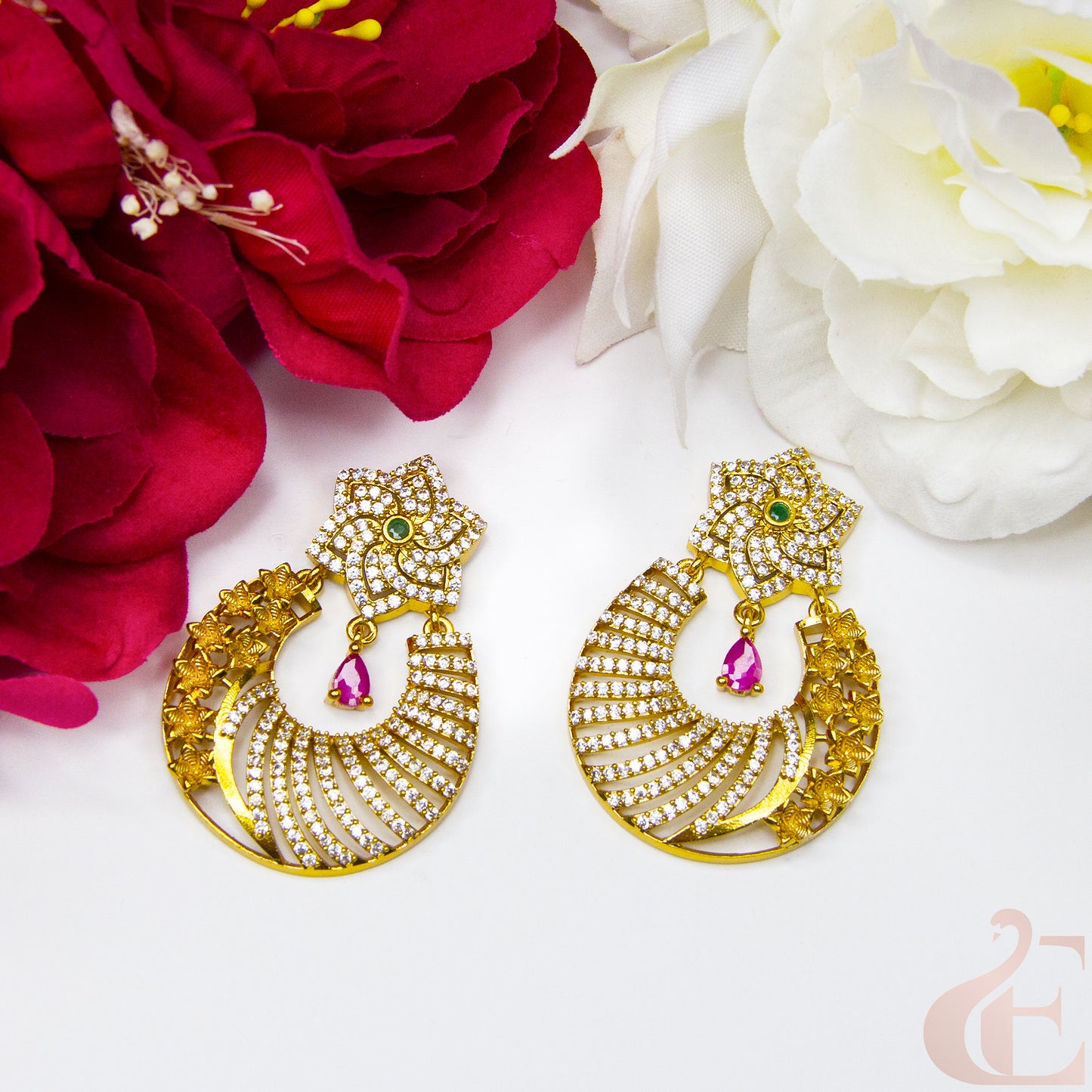 Top view of Premium Antique AD Earrings , ruby green stones