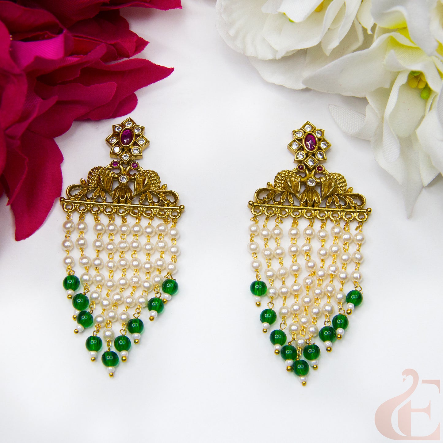 Top view of Premium Antique AD Earrings ruby green