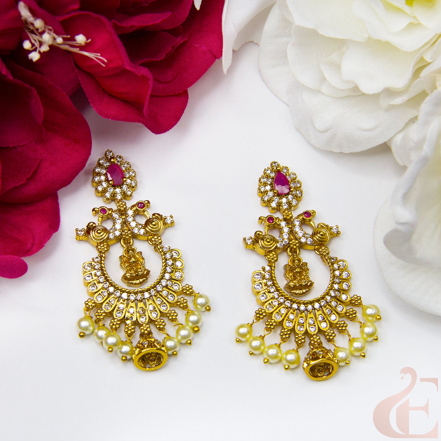 Top view of Premium Antique AD Earrings , white ruby stones