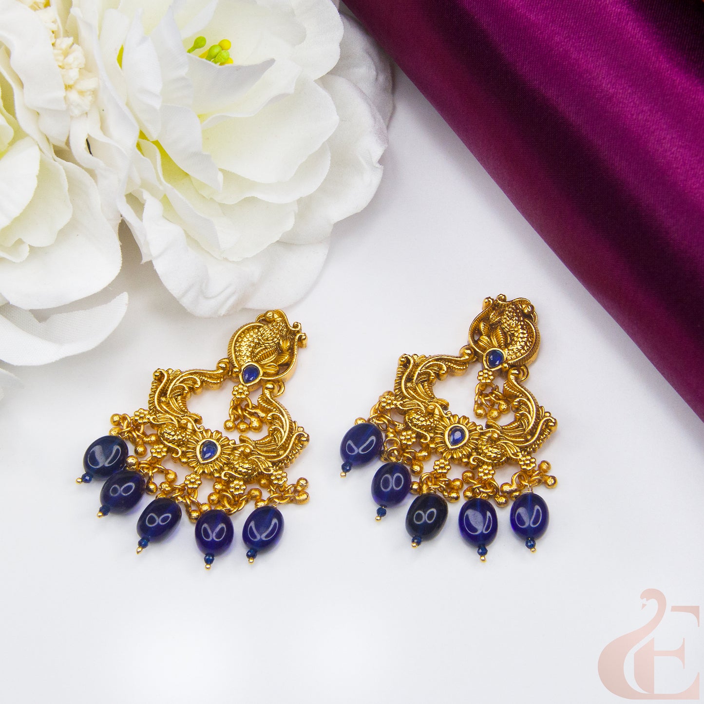 Side angle Top view of Premium Antique Earring , blue stones 98