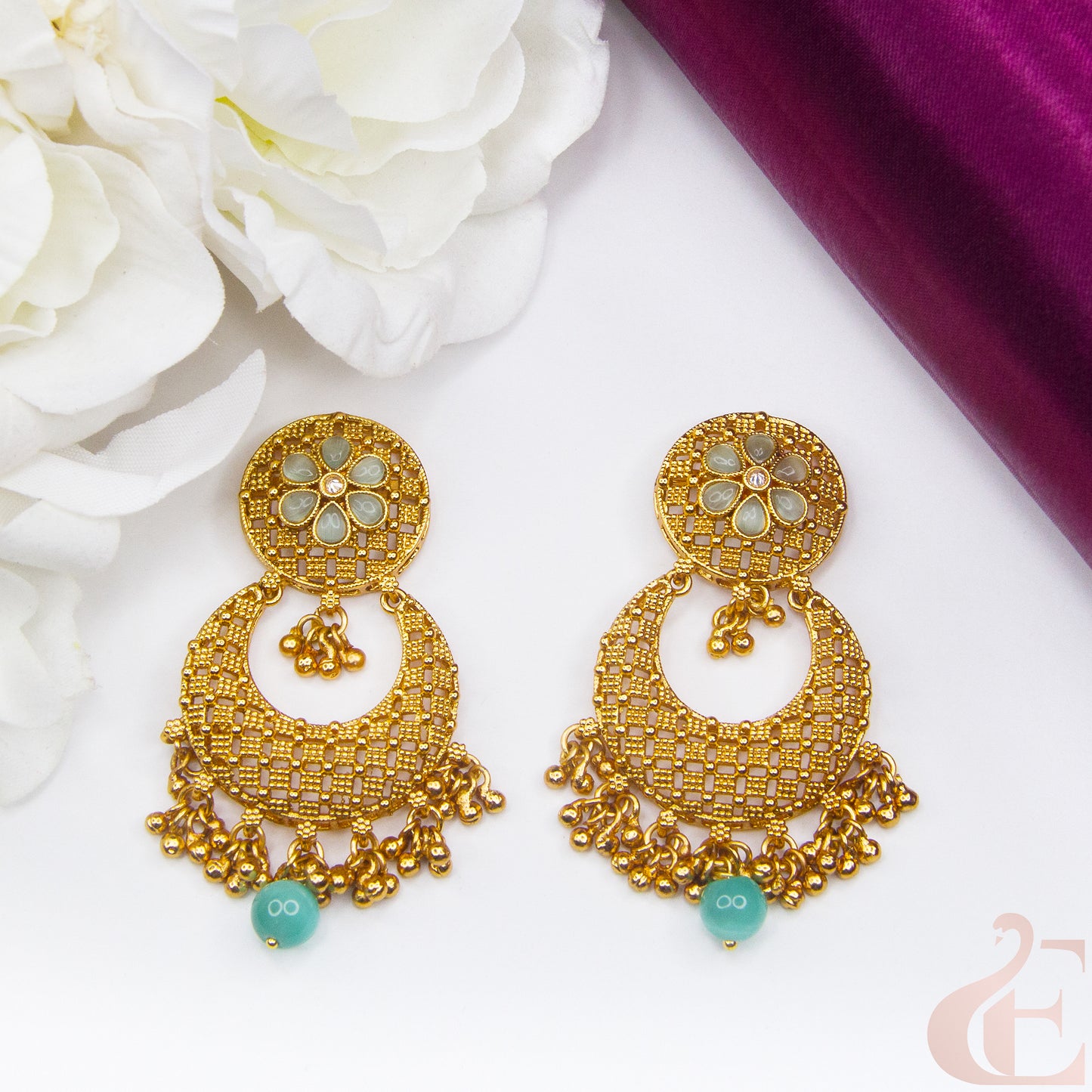 Top view of Premium Antique Earrings , Mind green stones
