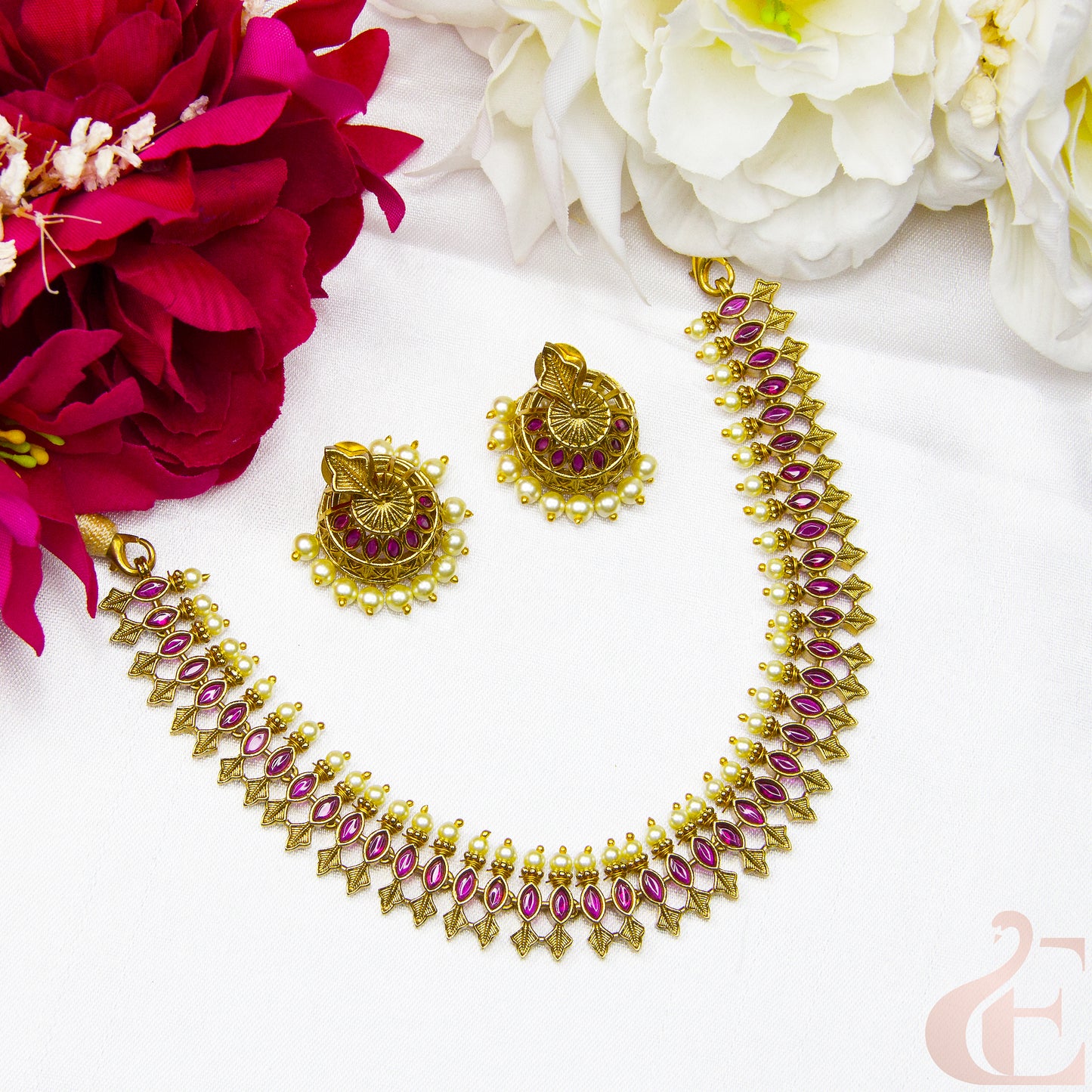 Top view of Premium Antique Necklace & Jhumka Ruby stones