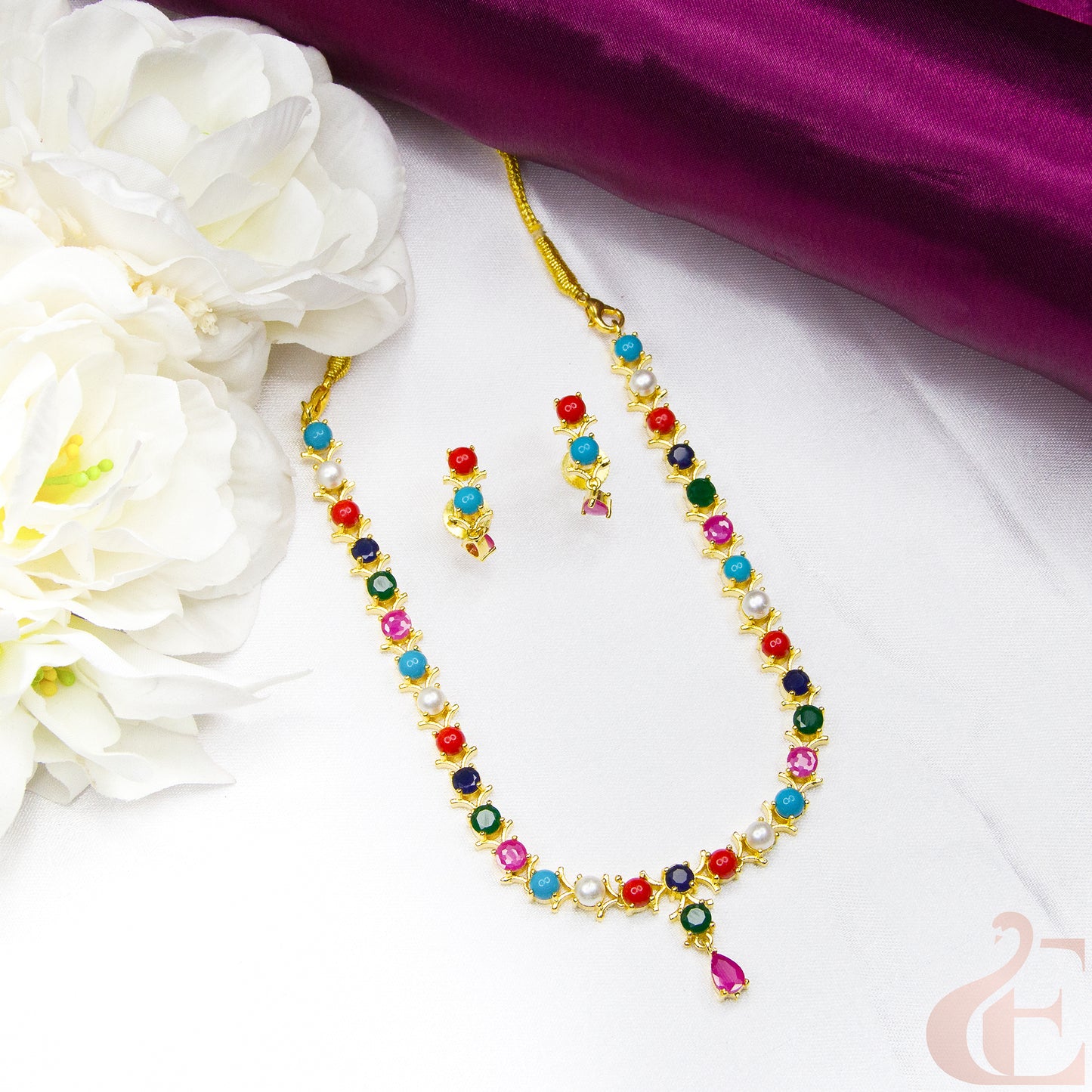 Gold Plated AD Stone & Pearl Necklace & Earrings 44
