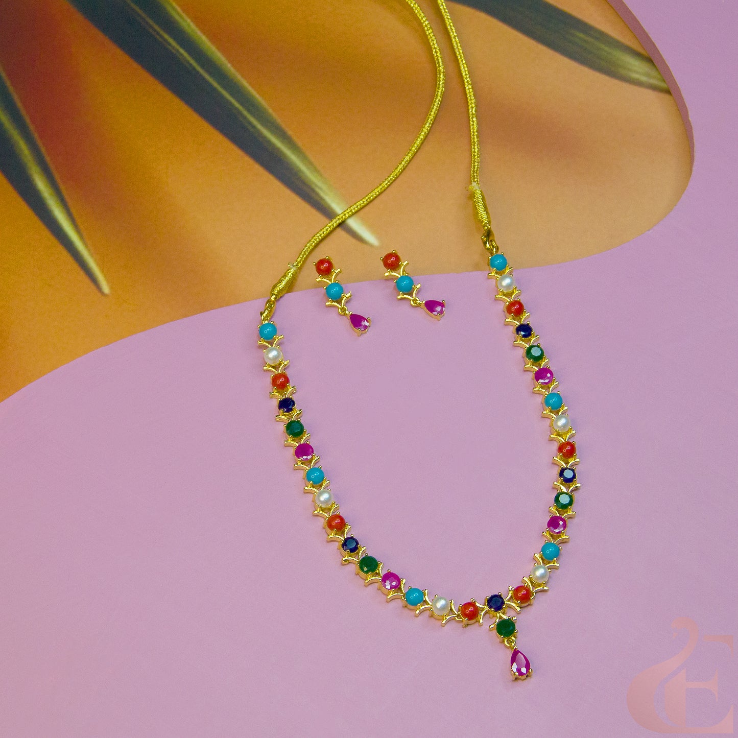 Gold Plated AD Stone & Pearl Necklace & Earrings 44