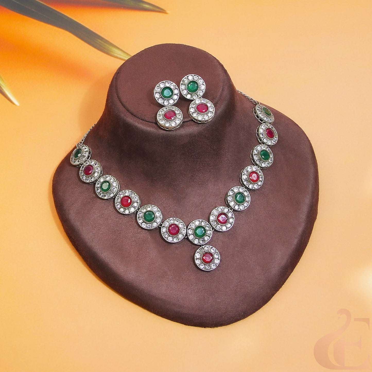 Top view of Silver Replica AD Stone Necklace & Earrings White green ruby stones