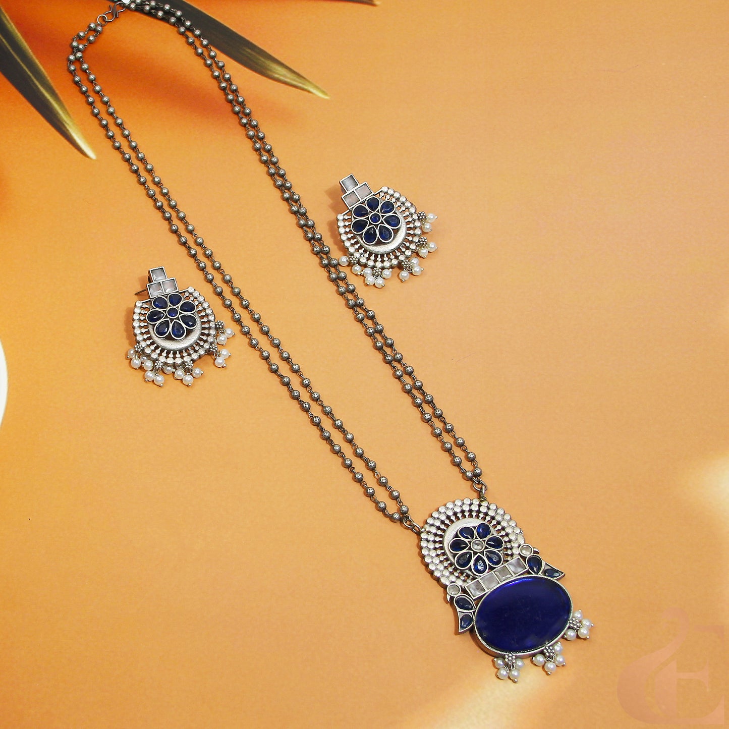Top view of Silver Replica Long Necklace & Earrings Blue Stones