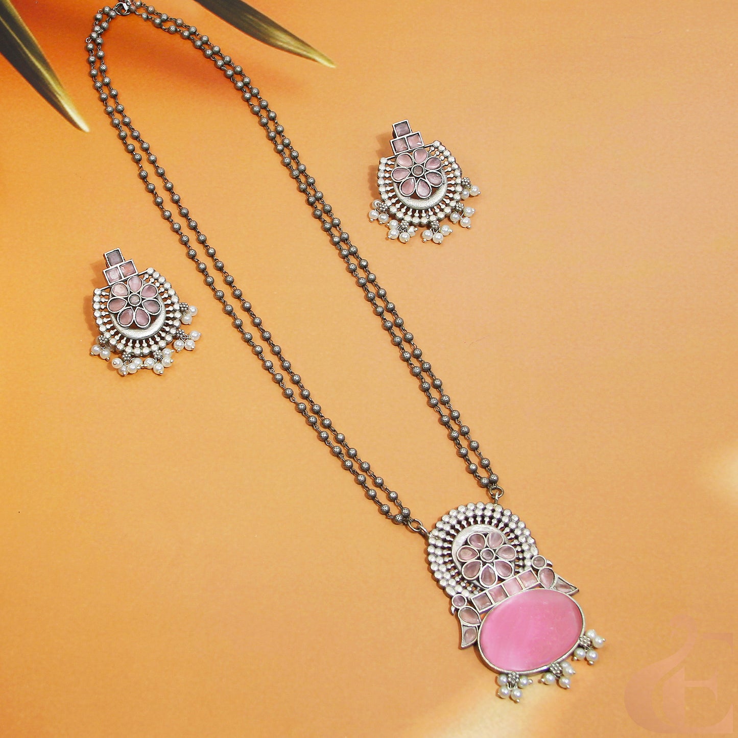 Top view of Silver Replica Long Necklace & Earrings Pink Stones 96