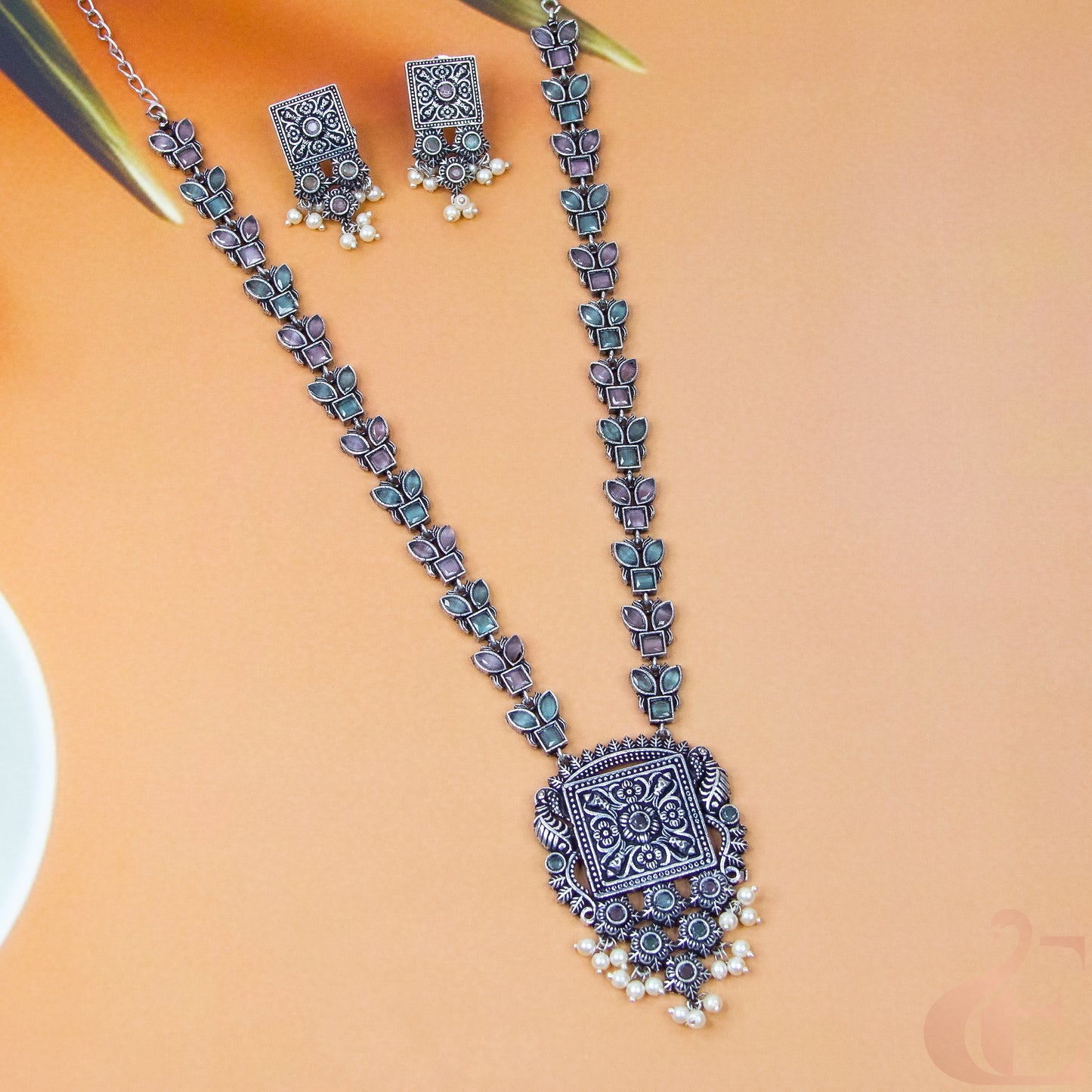 Top view of Silver Replica Long Necklace Set Multi color stones