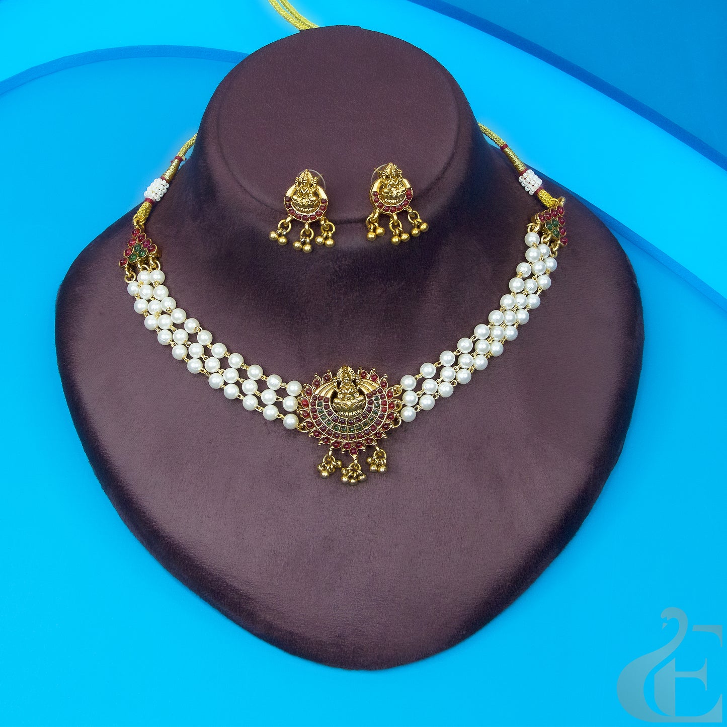 Top view of Temple Three Layers White Pearl Choker Set Ruby Green stones