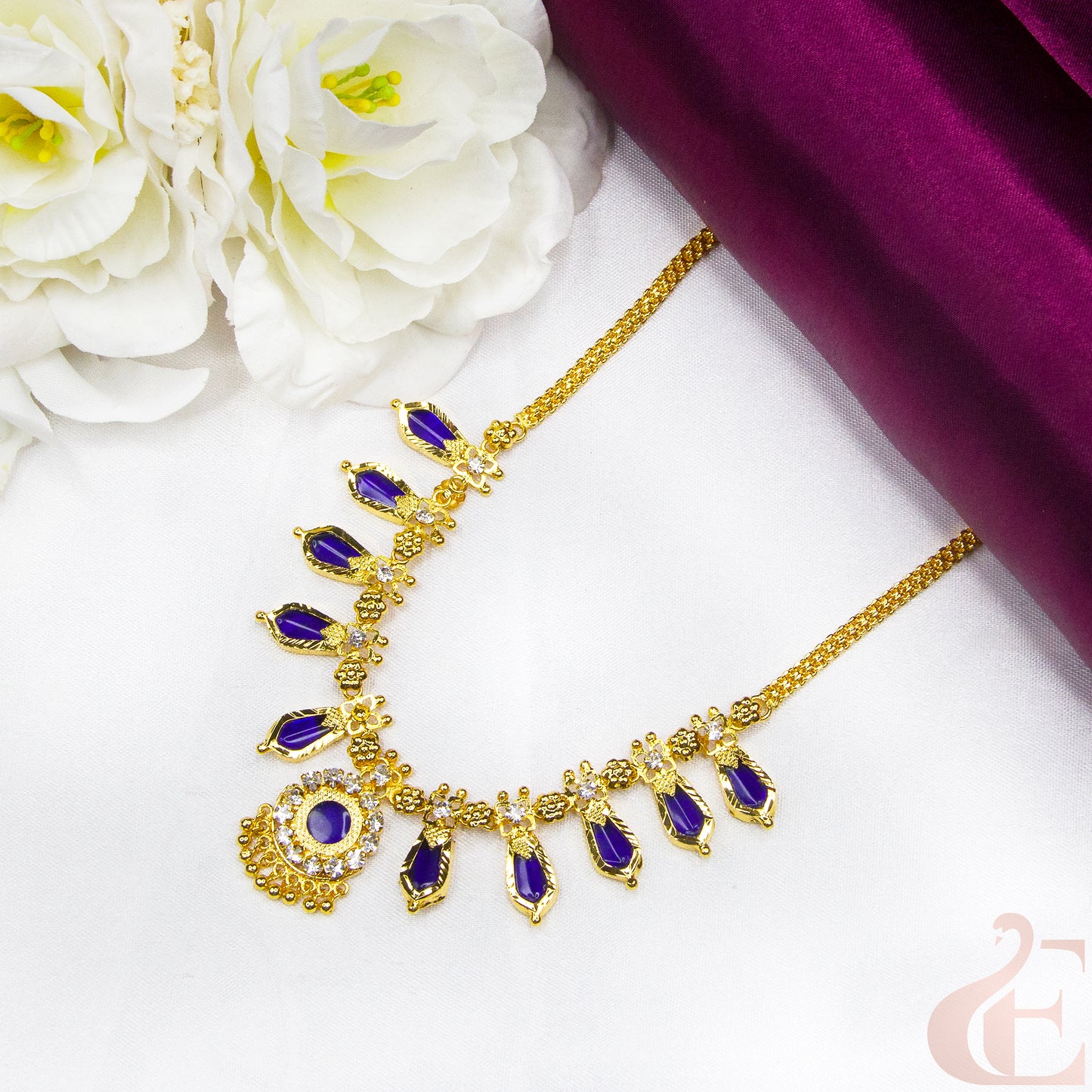 Top view of Traditional Kerala AD Nagapadam Necklace Blue stones