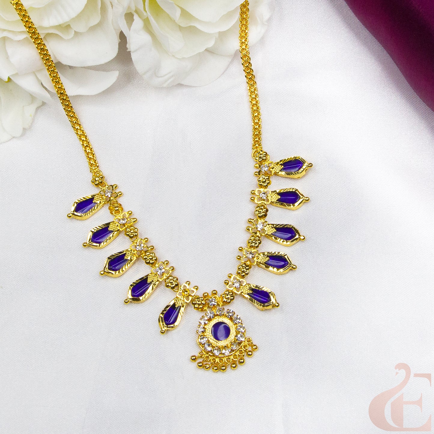 Top view of Traditional Kerala AD Nagapadam Necklace Blue stones