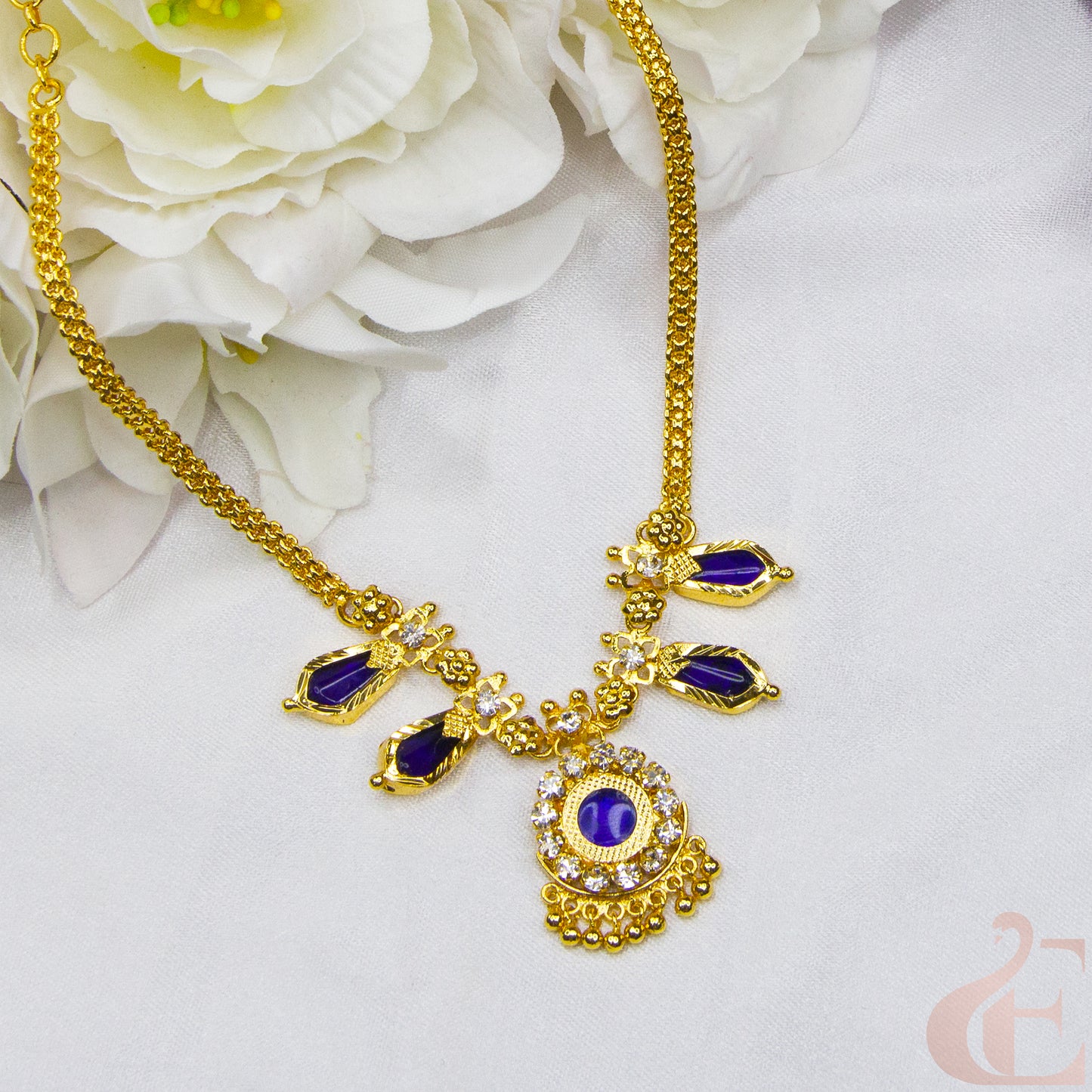 Top view of Traditional Kerala AD Nagapadam Palakka Necklace Blue white