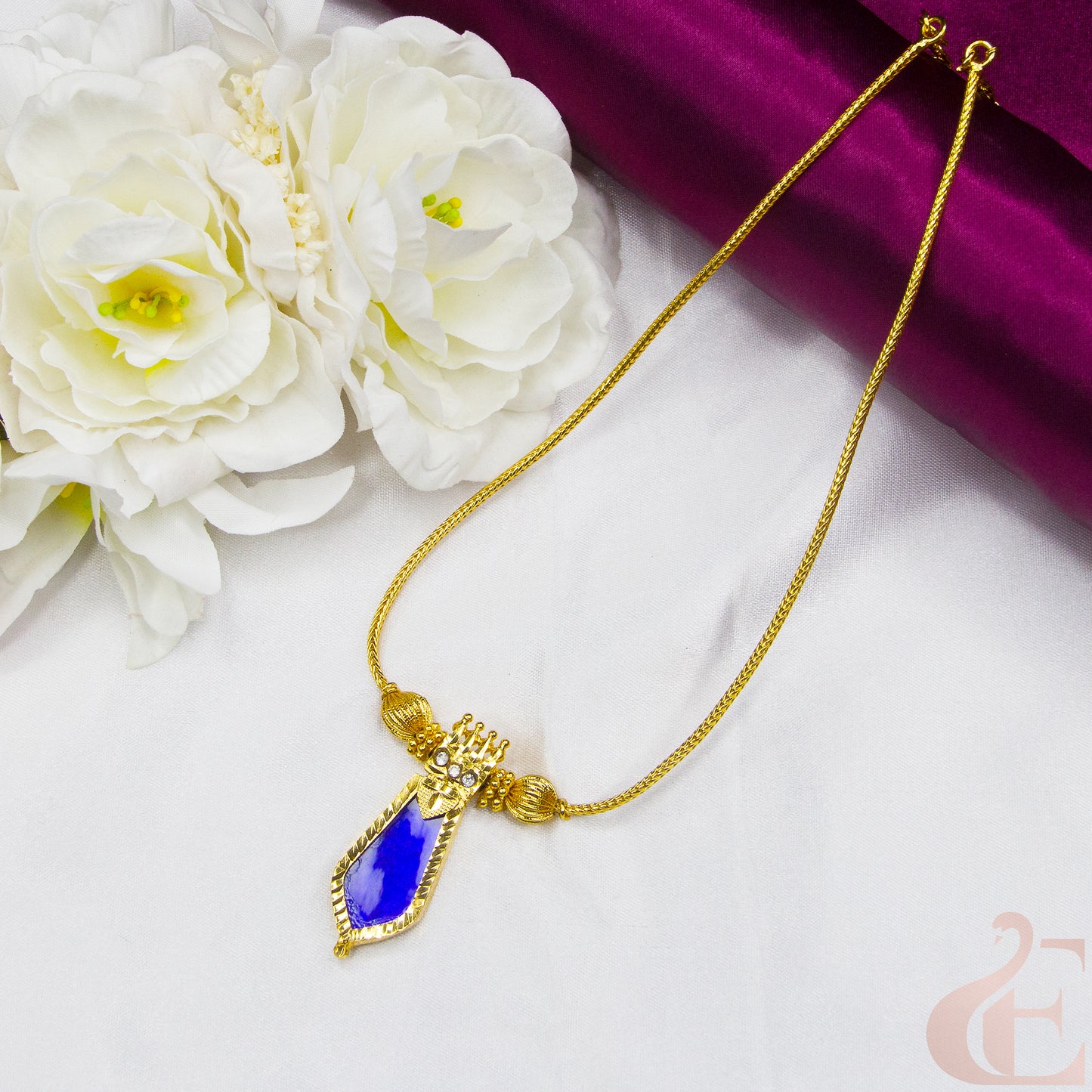 Top view of Traditional Kerala Palakka Necklace Nagapadam Design , Blue white stones