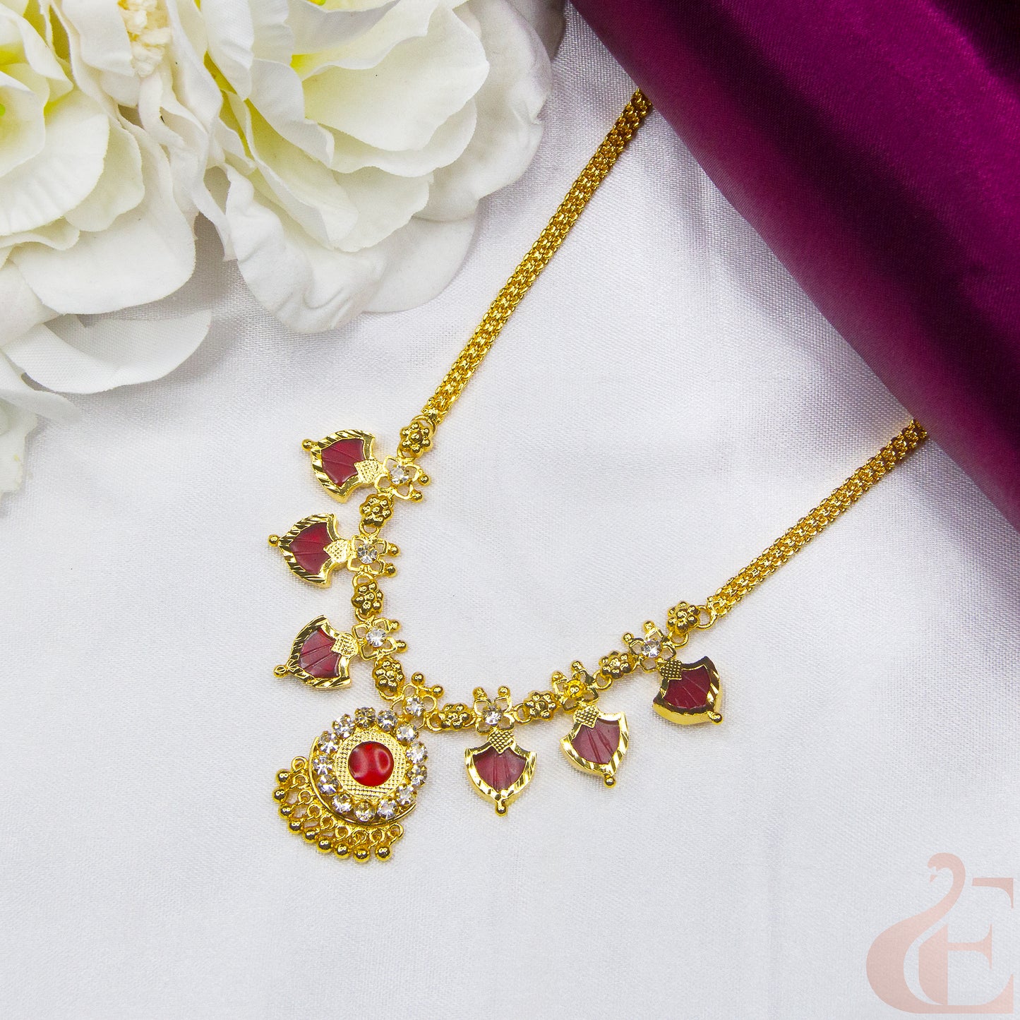 Top view of Traditional Palakka Necklace red Stones