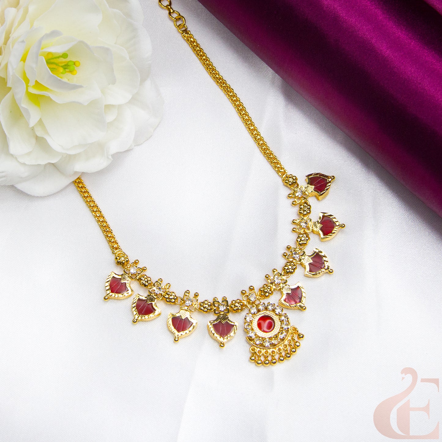 Top view of Traditional Palakka Necklace , Red and white ad stones