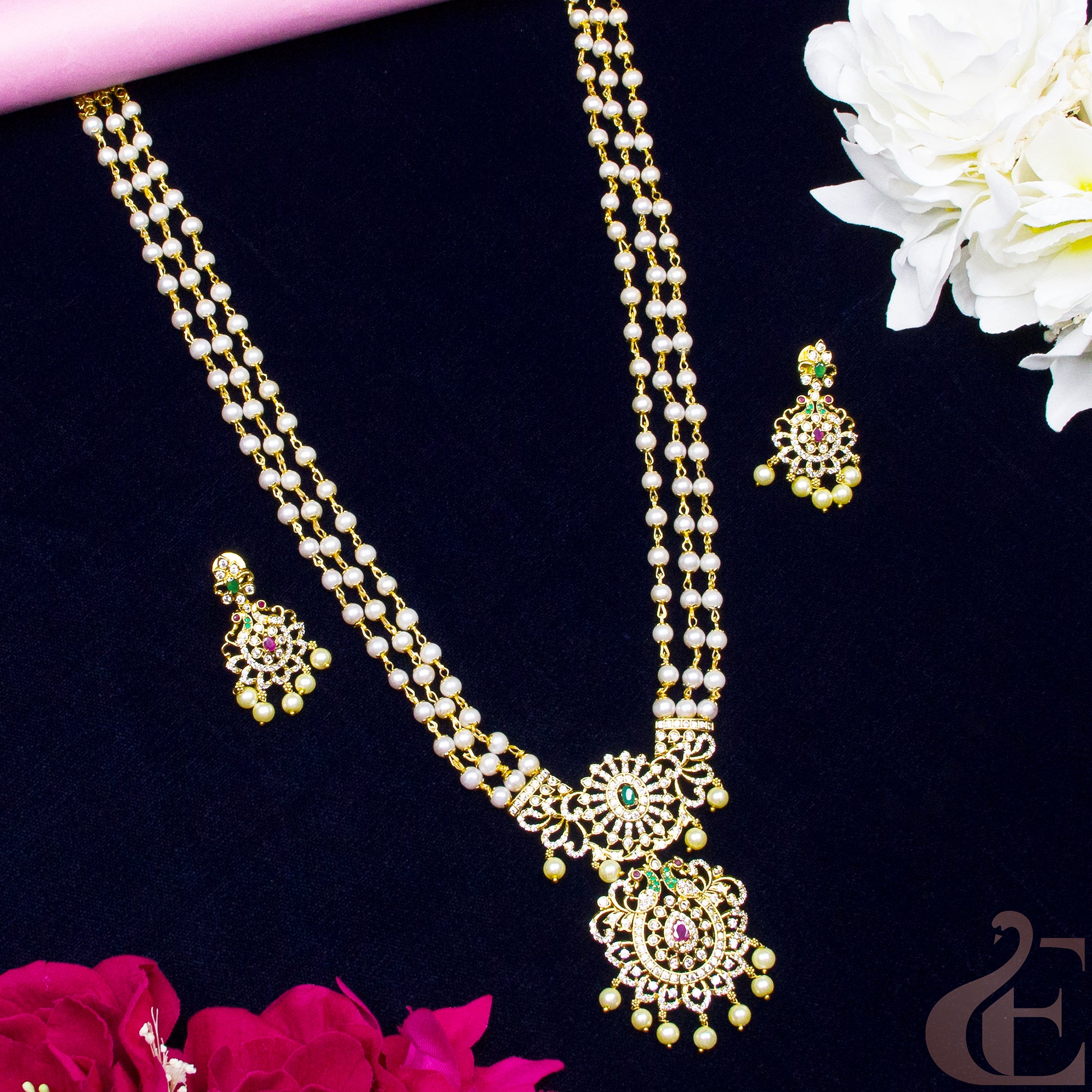 Top view of 3 Layer Beaded Long AD Antique Necklace Set ruby green white stones 