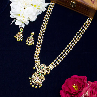 Top view of 3 Layer Beaded Long AD Antique Necklace Set ruby green white stones 