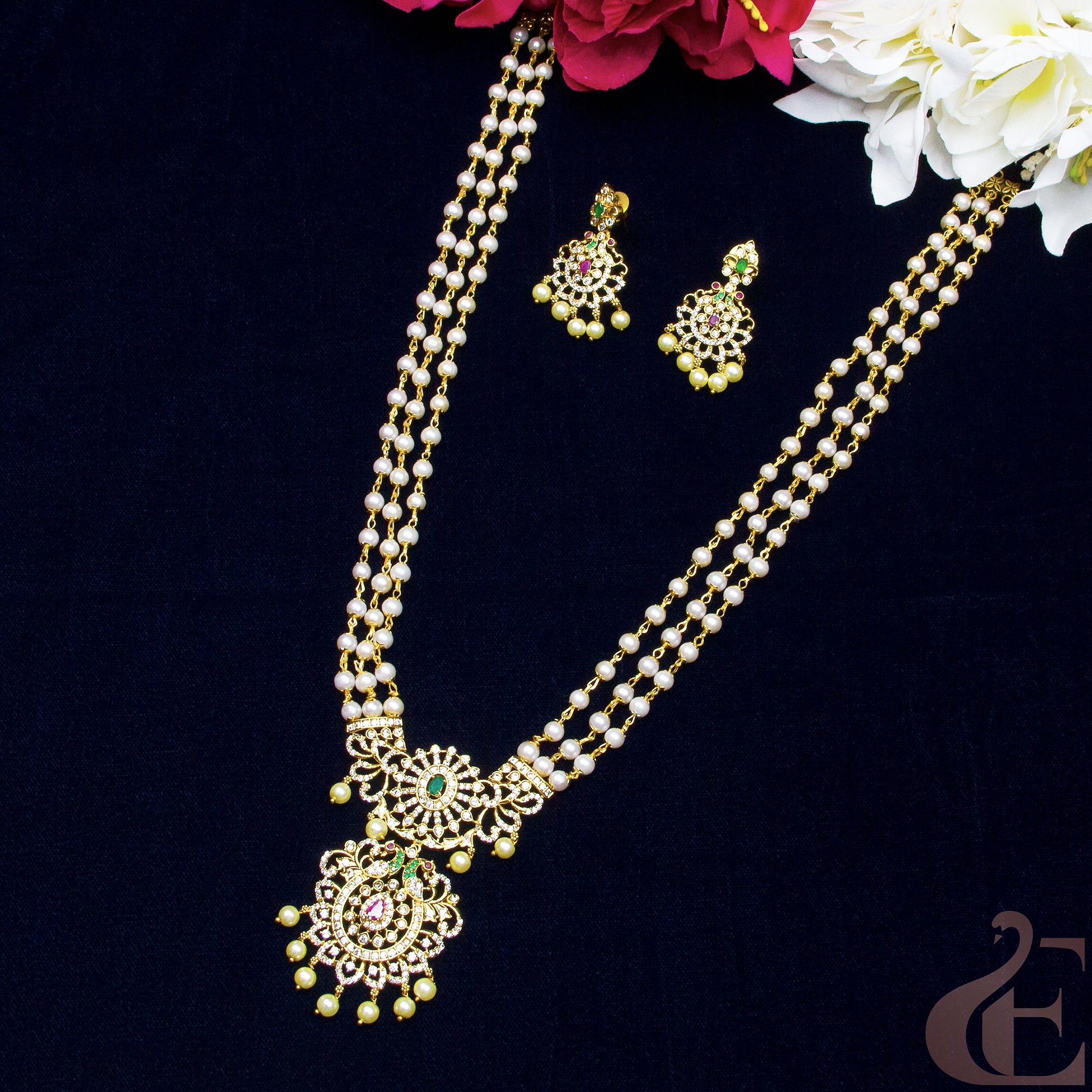 Top view of 3 Layer Beaded Long AD Antique Necklace Set ruby green white stones 