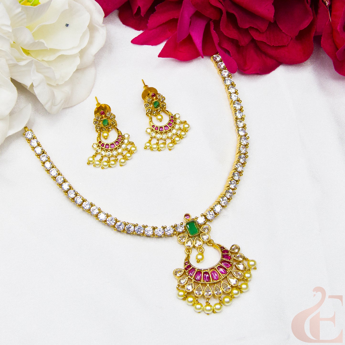 Top view of AD Antique Necklace & Earrings Ruby Green stones 119