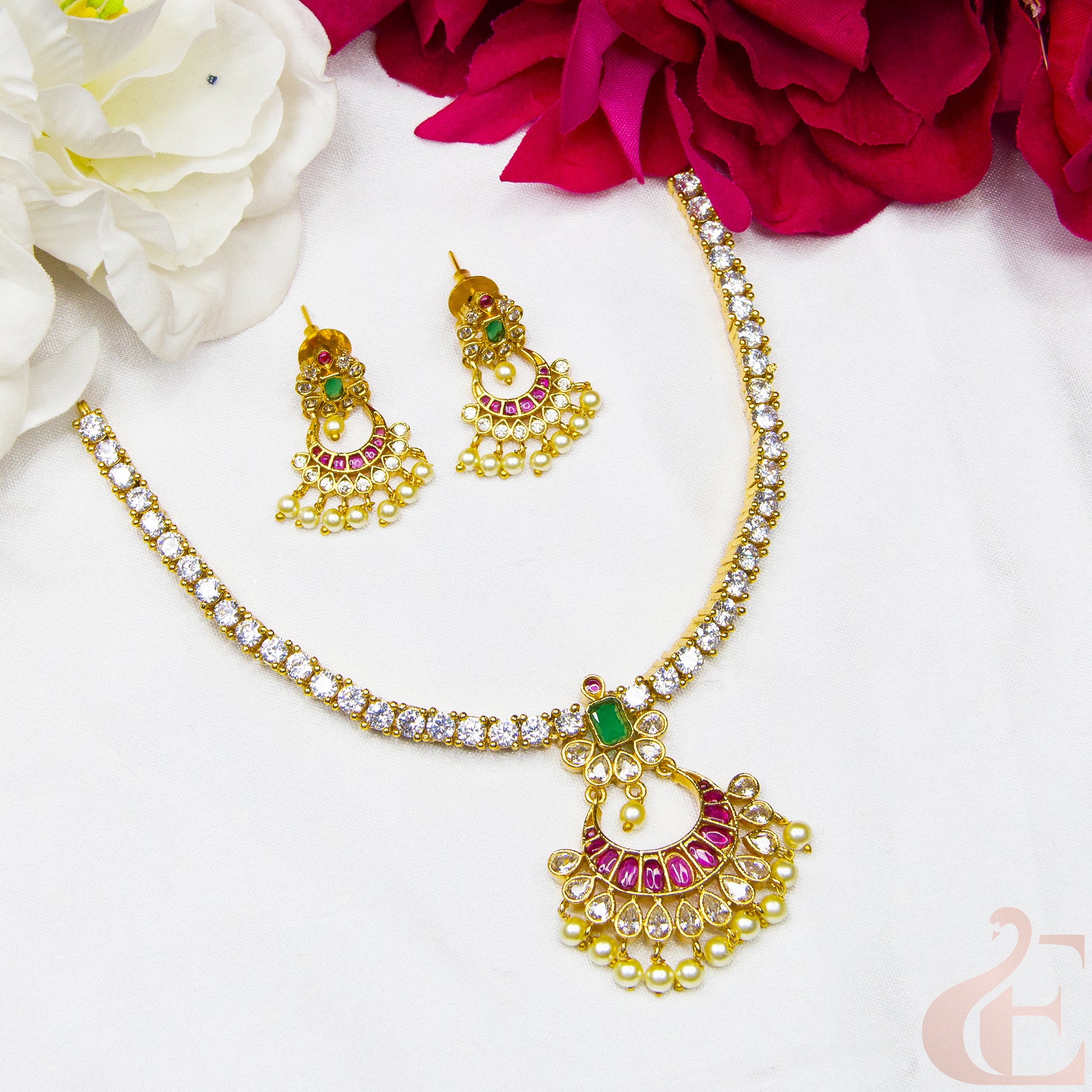 Top view of AD Antique Necklace & Earrings Ruby Green stones 119