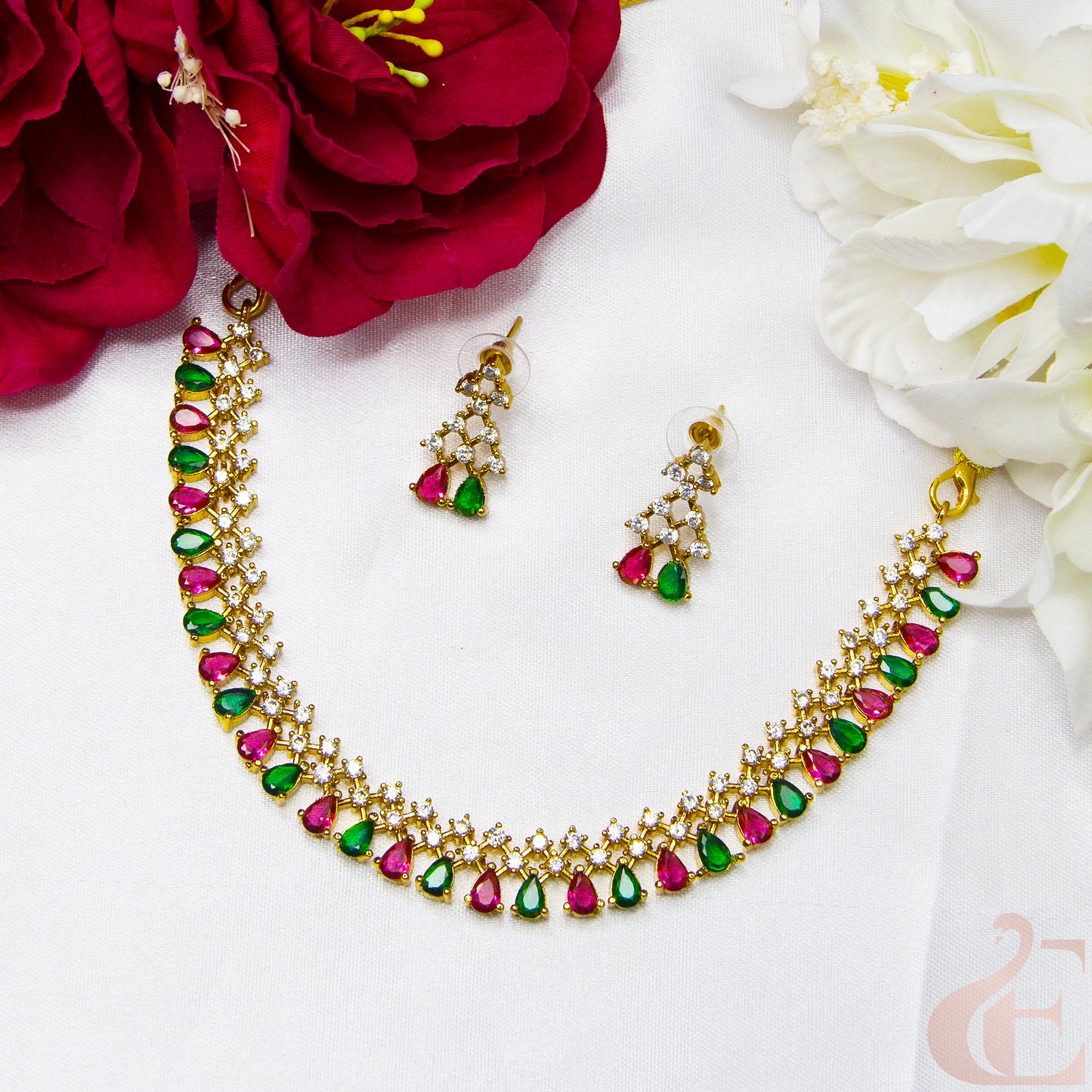 Top view of AD Antique Necklace Set Ruby Green stones 