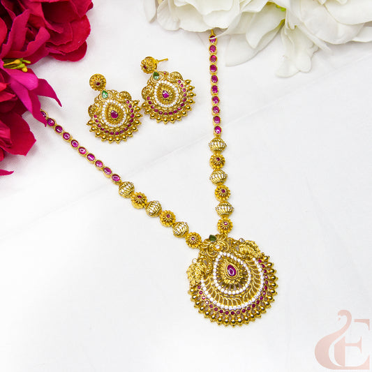 Top view of AD Antique Necklace ruby green stones Set 117